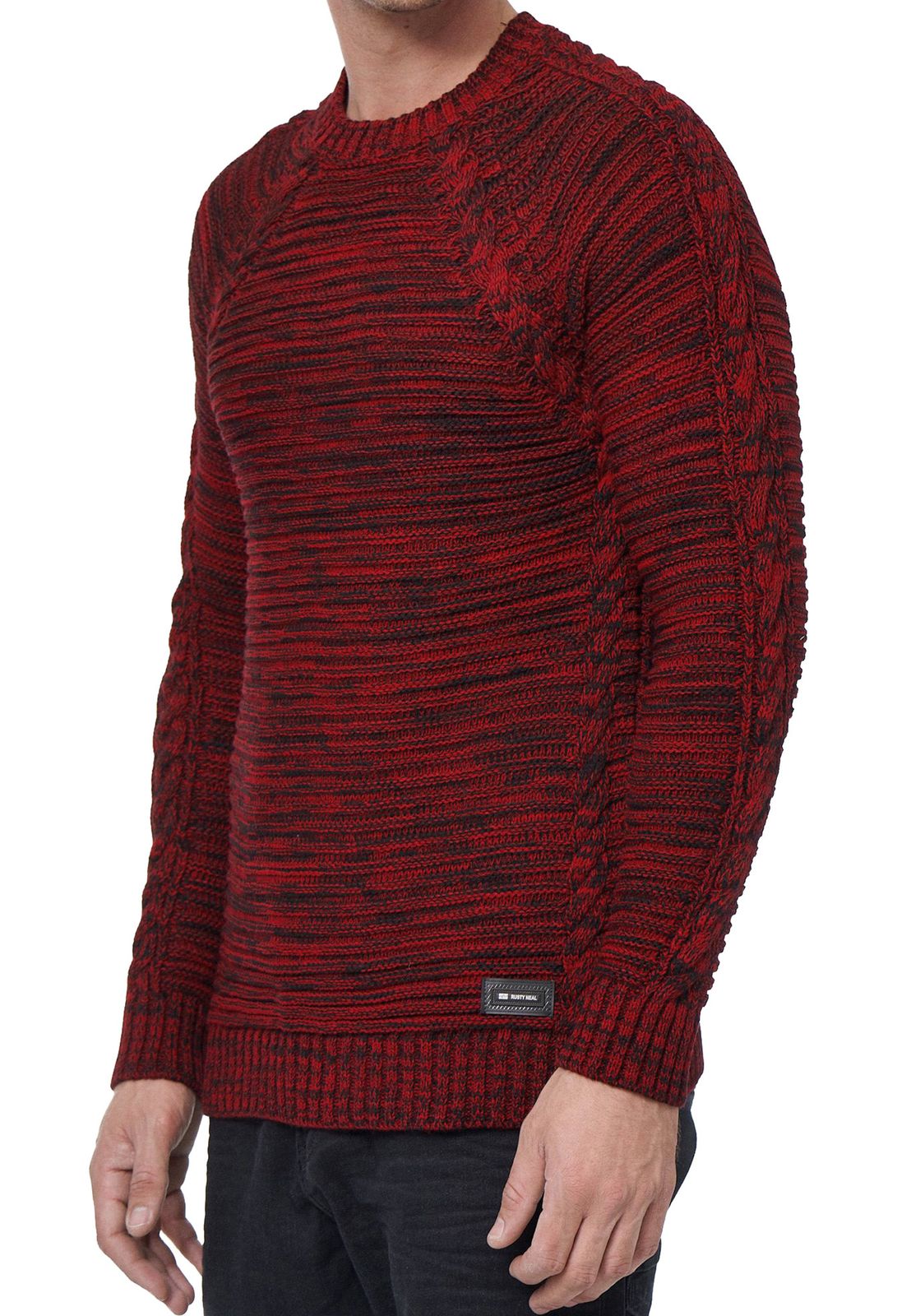 Moderner Herren Grobstrick-Pullover mit Zopfdetails und Rundhals Slim Fit Strick-Sweater 13386 Rot
