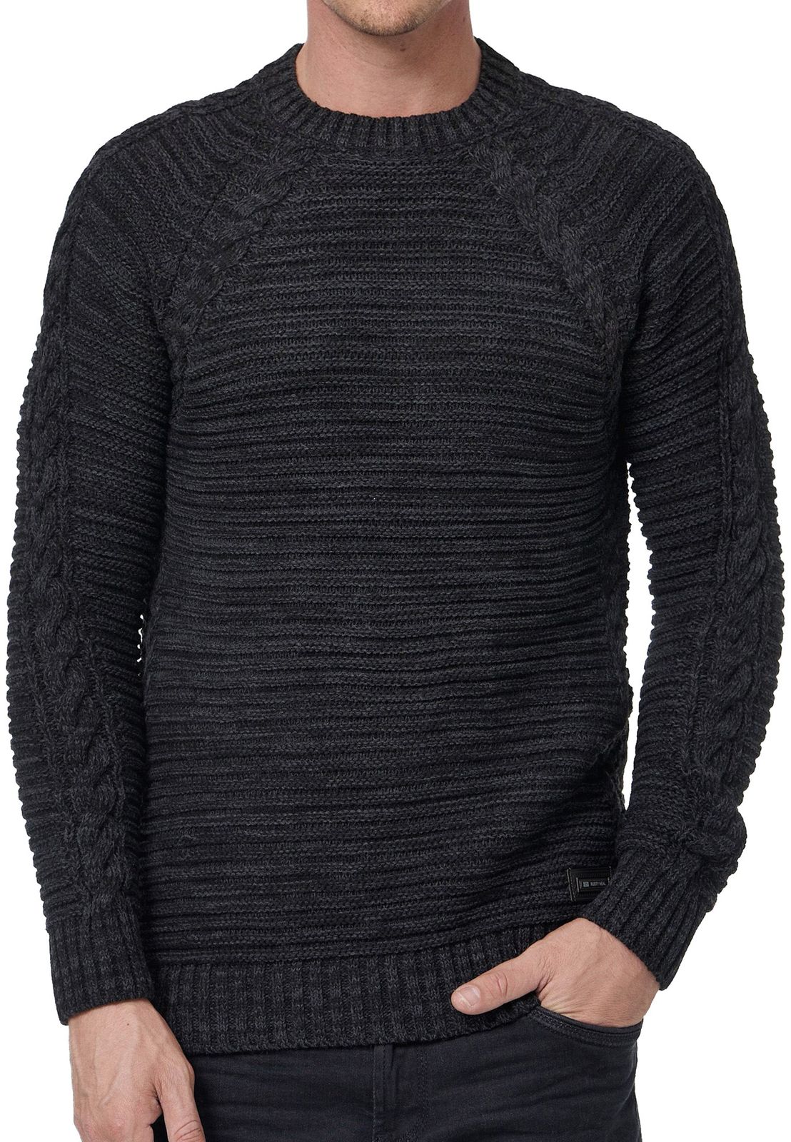 Moderner Herren Grobstrick-Pullover mit Zopfdetails und Rundhals Slim Fit Strick-Sweater 13386 Schwarz