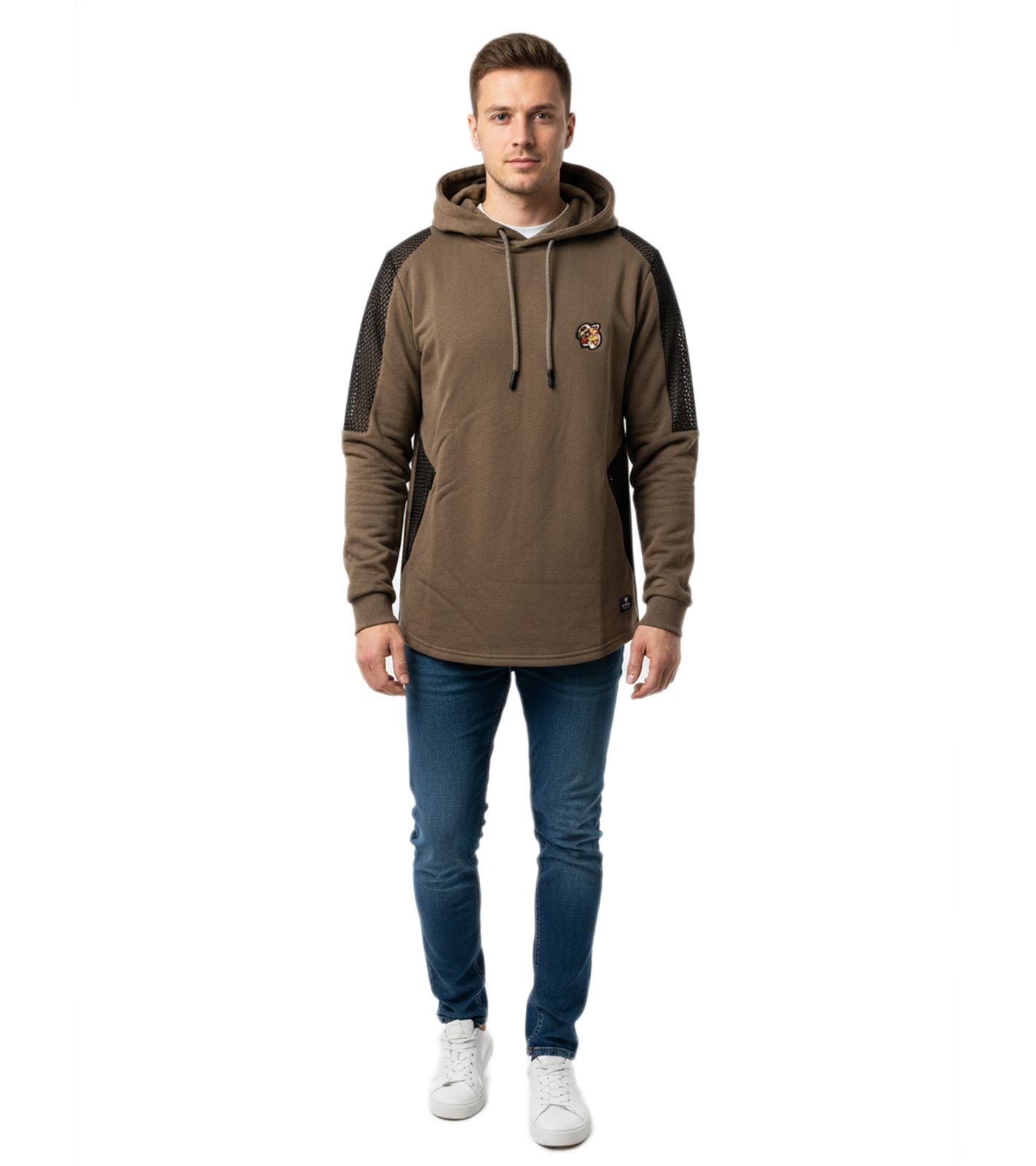 Moderner Herren Hoodie mit Strukturärmeln und Logo Patch Kapuzen-Pullover Sweater 19072 Khaki