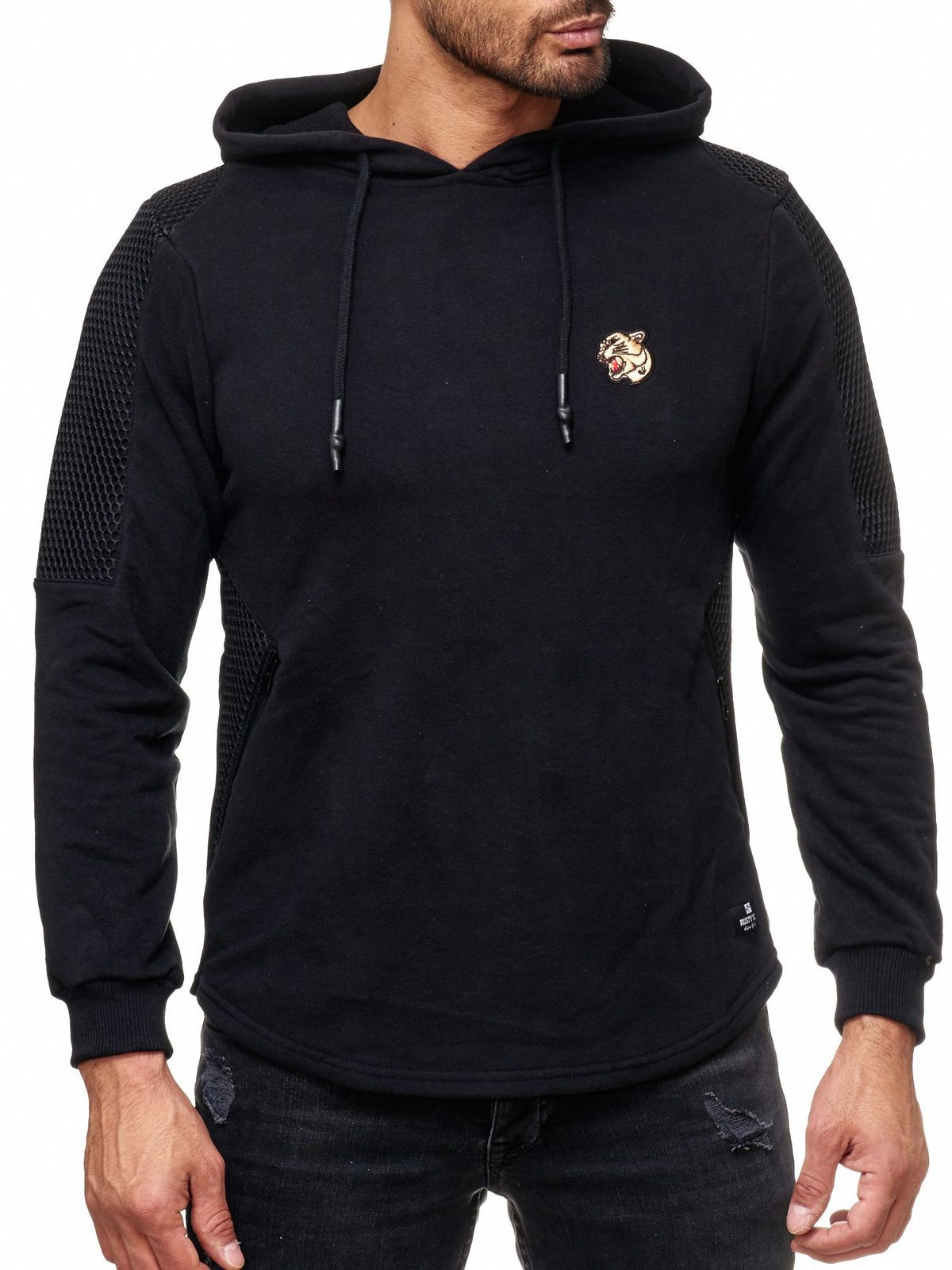Moderner Herren Hoodie mit Strukturärmeln und Logo Patch Kapuzen-Pullover Sweater 19072 Schwarz
