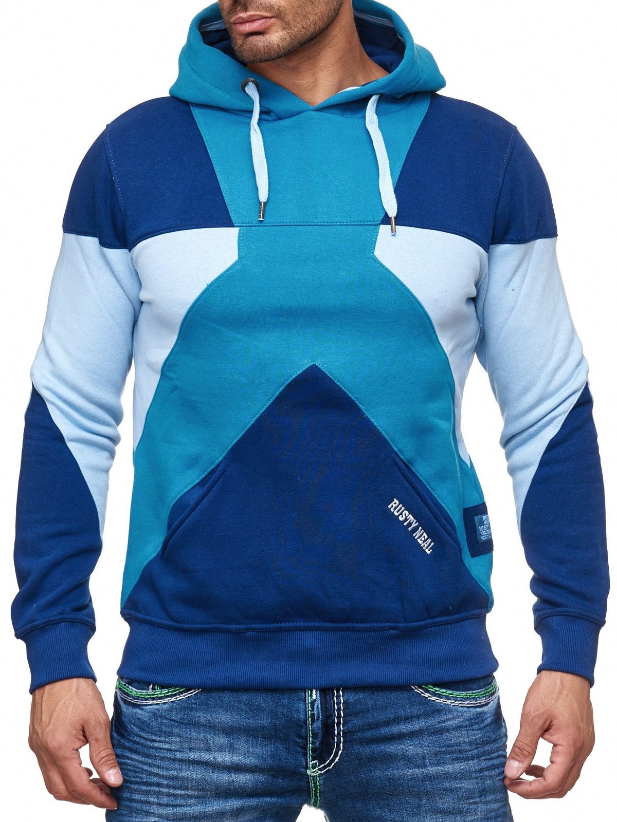 Moderner Herren Kapuzen-Pullover im Colorblock Design mit Kängurutasche Hoodie Regular Fit Sweater 19042 Petrol