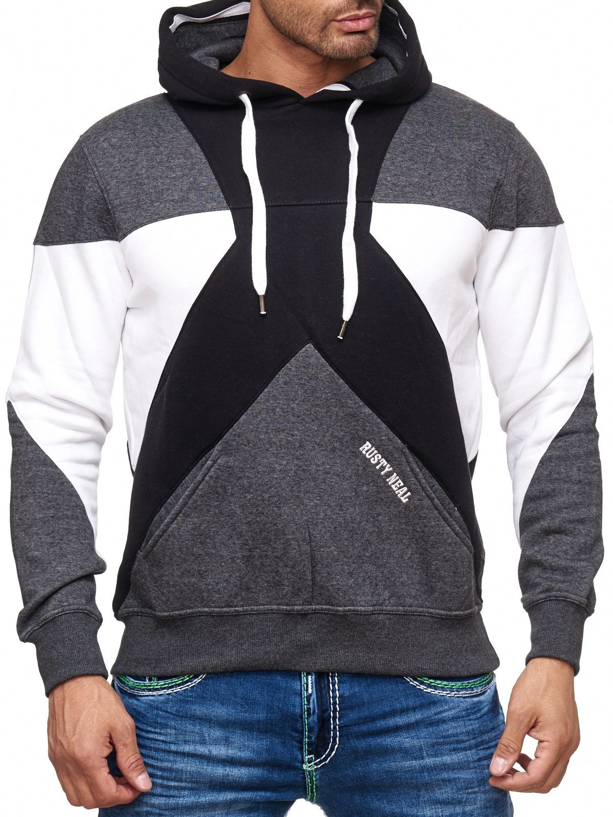 Moderner Herren Kapuzen-Pullover im Colorblock Design mit Kängurutasche Hoodie Regular Fit Sweater 19042 Schwarz