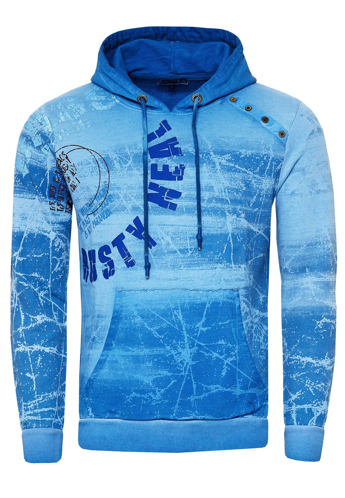 Moderner Herren Kapuzen-Pullover Oil-Washed Hoodie mit dekorativer Knopfleiste Sweatshirt 19129 Blau
