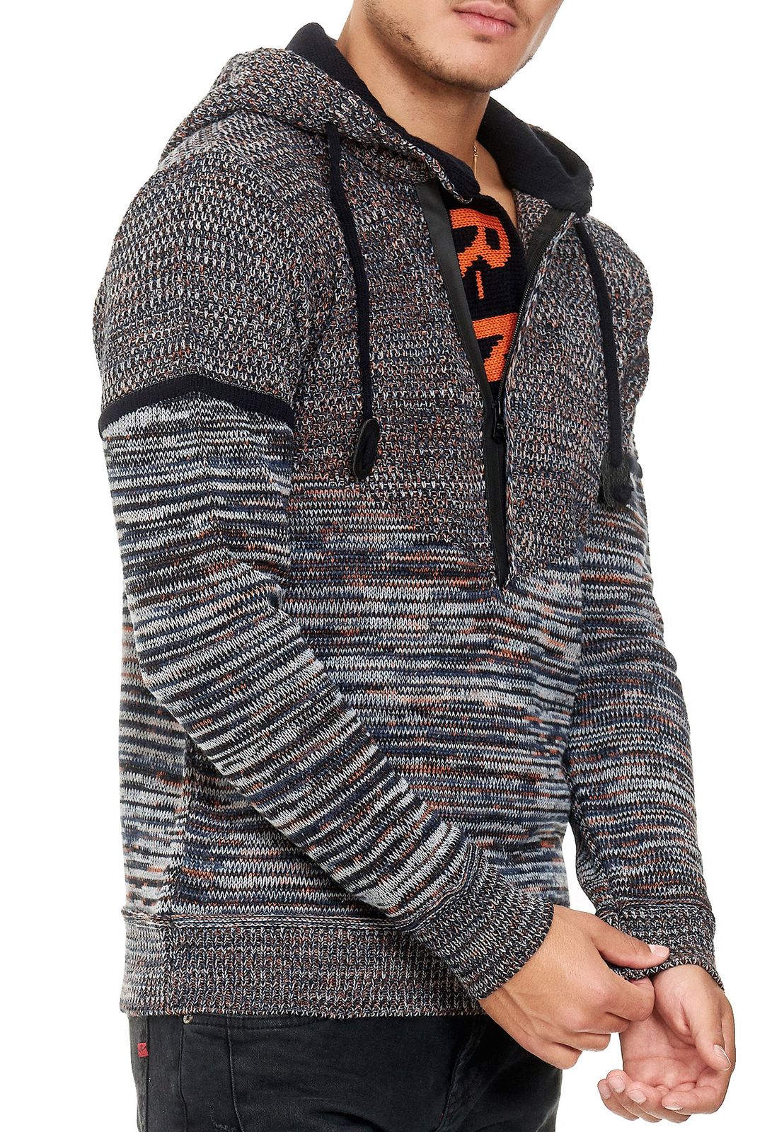 Moderner Herren Strick Kapuzen-Pullover mit Half-Zip-Reißverschluss melierter Hoodie 13345 Marine