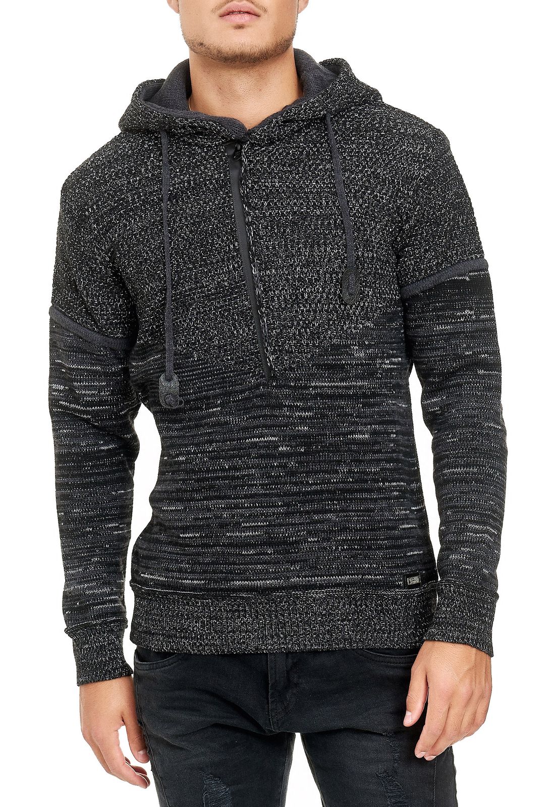 Moderner Herren Strick Kapuzen-Pullover mit Half-Zip-Reißverschluss melierter Hoodie 13345 Schwarz/Anthrazit