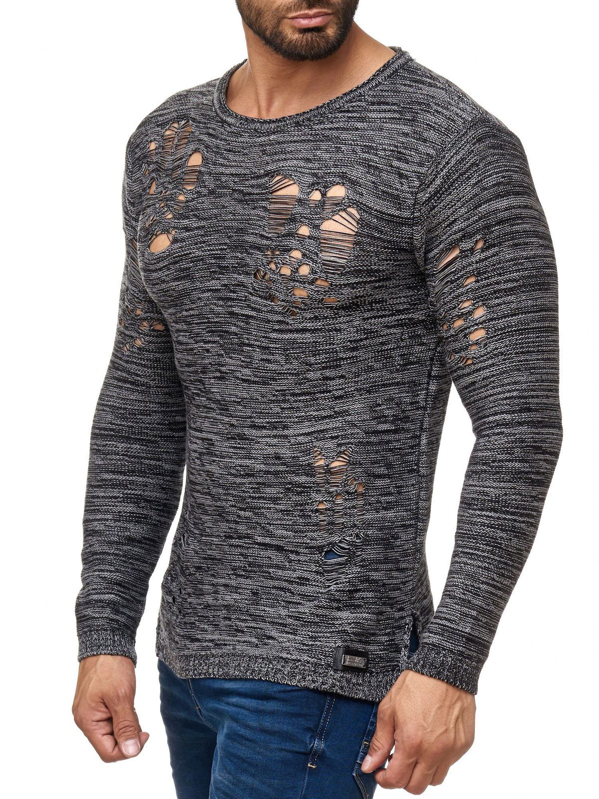 Moderner Herren Strick-Pullover im Destroyed Look Rundhals-Sweaterullover 13295 Grau