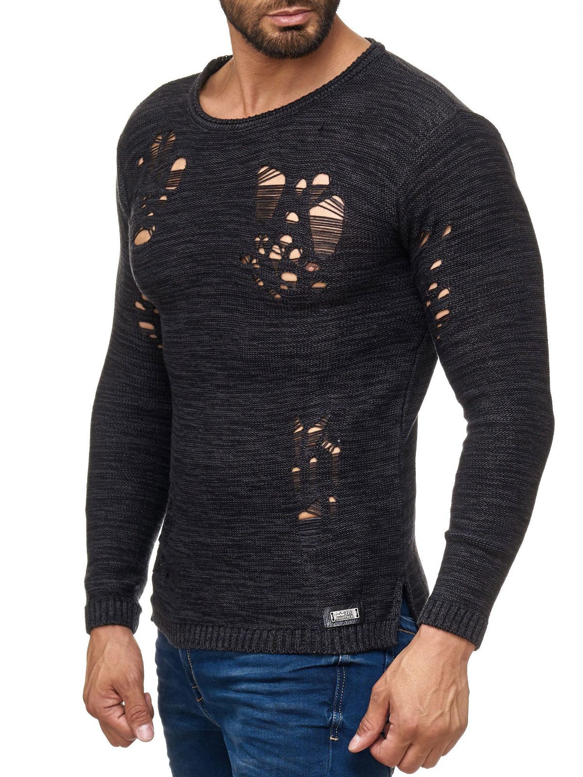 Moderner Herren Strick-Pullover im Destroyed Look Rundhals-Sweaterullover 13295 Schwarz