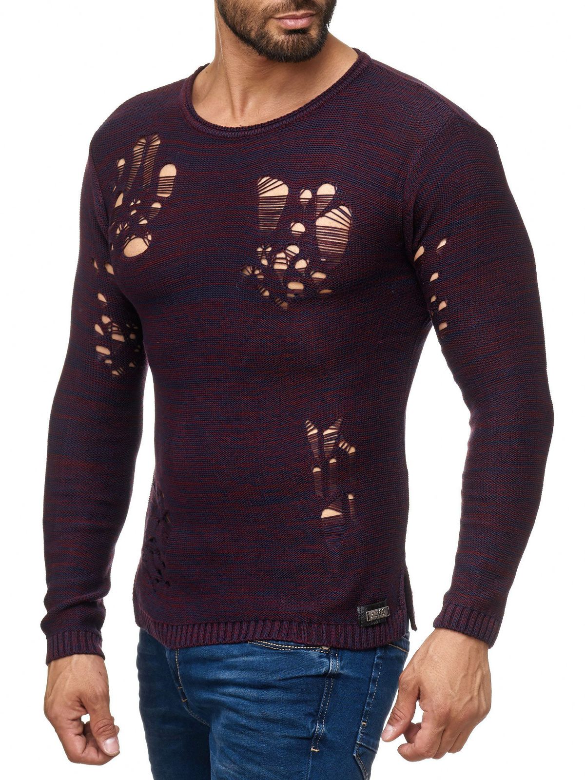 Moderner Herren Strick-Pullover im Destroyed Look Rundhals-Sweaterullover 13295 Weinrot