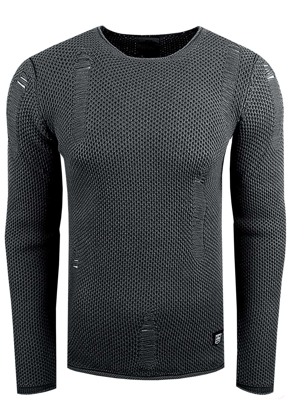 Moderner Herren Strick-Pullover im Destroyed Look Slim Fit Rundhals-Sweater mit Strukturstrick 13249 Anthrazit