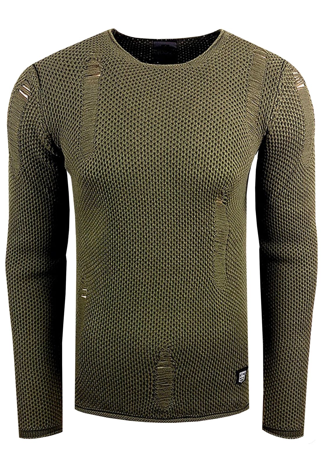 Moderner Herren Strick-Pullover im Destroyed Look Slim Fit Rundhals-Sweater mit Strukturstrick 13249 Khaki