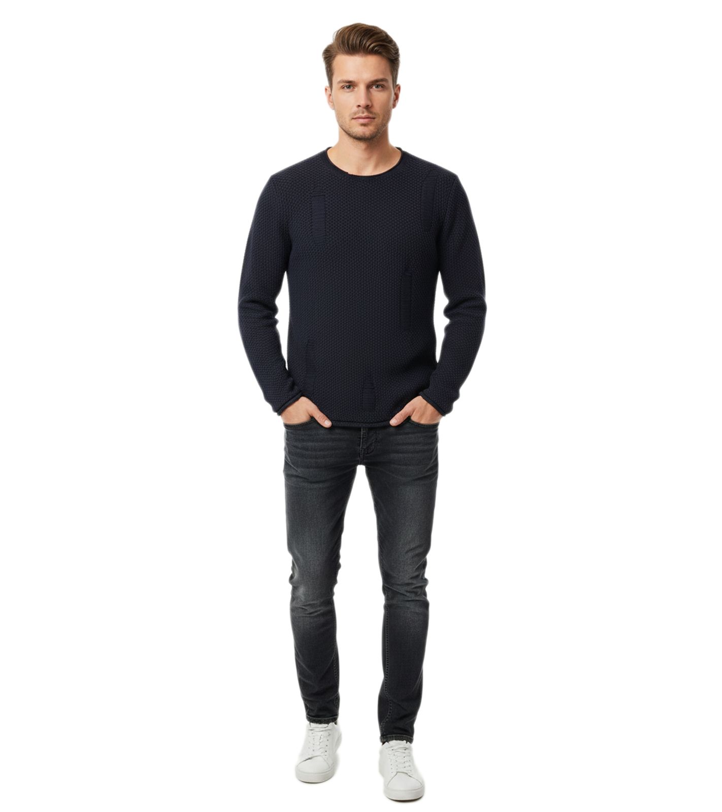 Moderner Herren Strick-Pullover im Destroyed Look Slim Fit Rundhals-Sweater mit Strukturstrick 13249 Marine