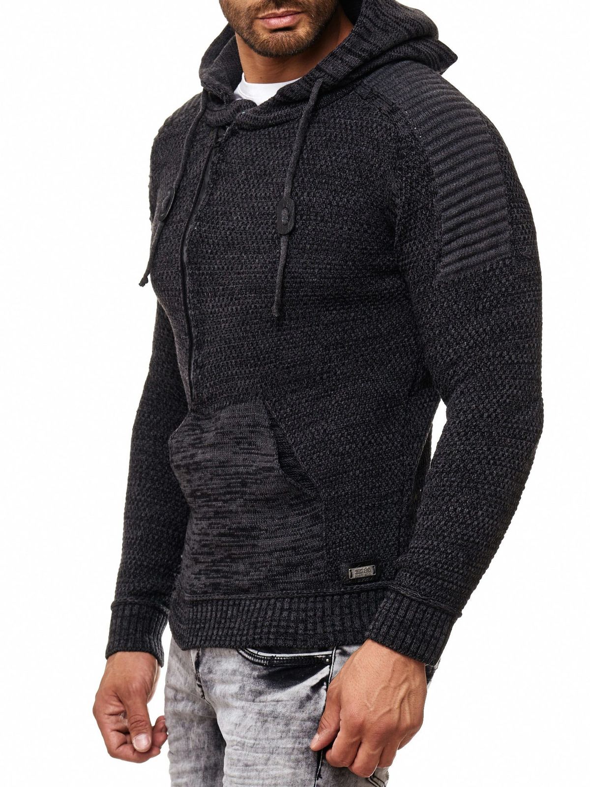 Moderner Herren Strick-Pullover Kapuzen-Sweater Grobstrick-Hoodie Strick-Jacke 13290 Anthrazit