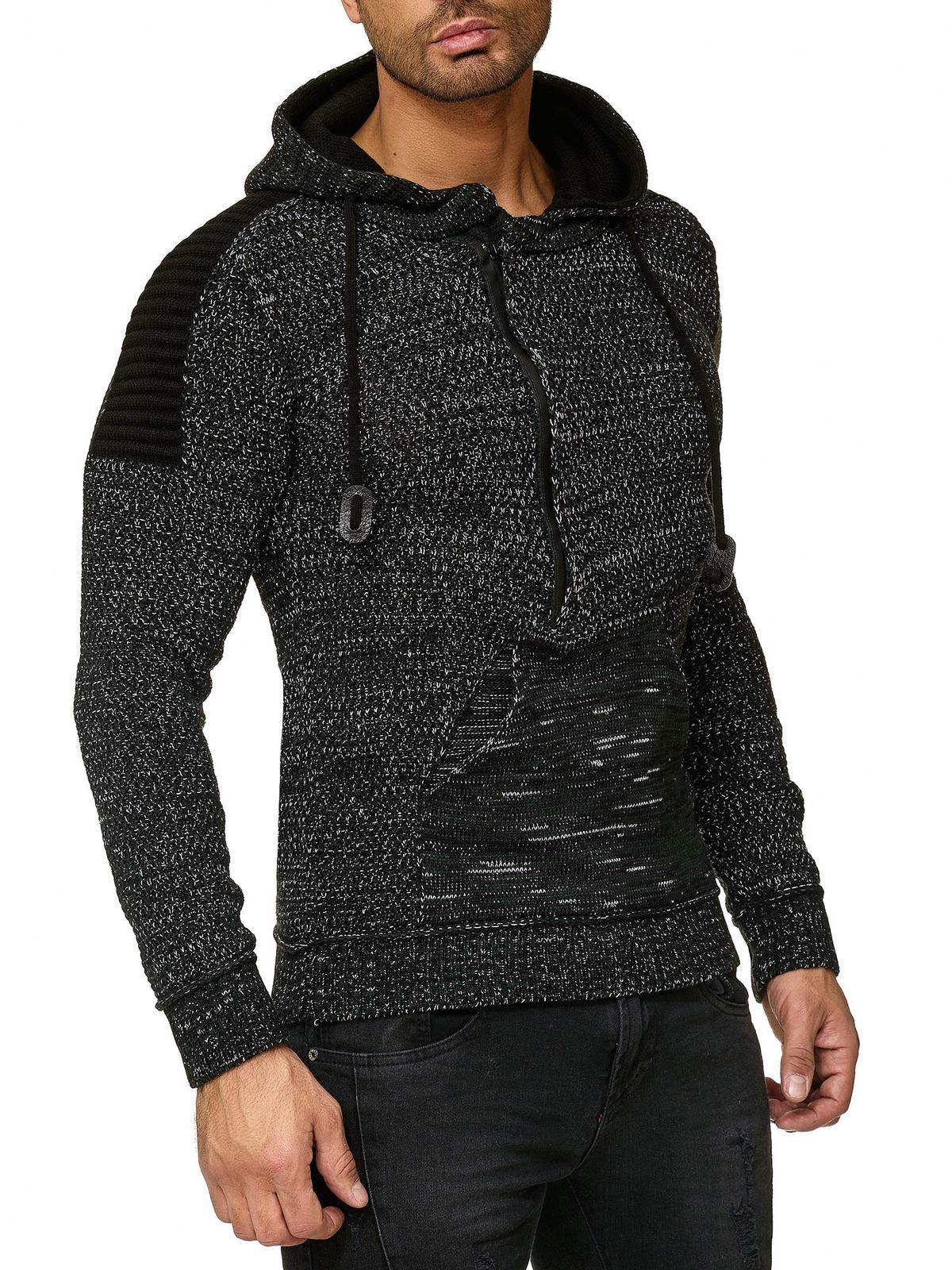 Moderner Herren Strick-Pullover Kapuzen-Sweater Grobstrick-Hoodie Strick-Jacke 13290 Petrol