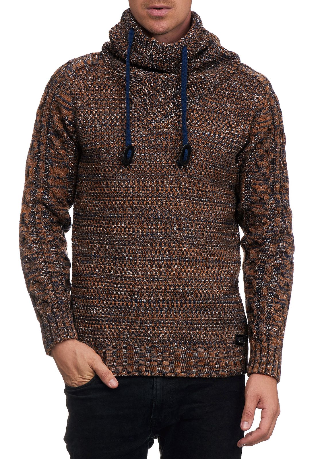 Moderner Herren Strick-Pullover mit Rollkragen Strukturstrick-Sweater 13369 Camel