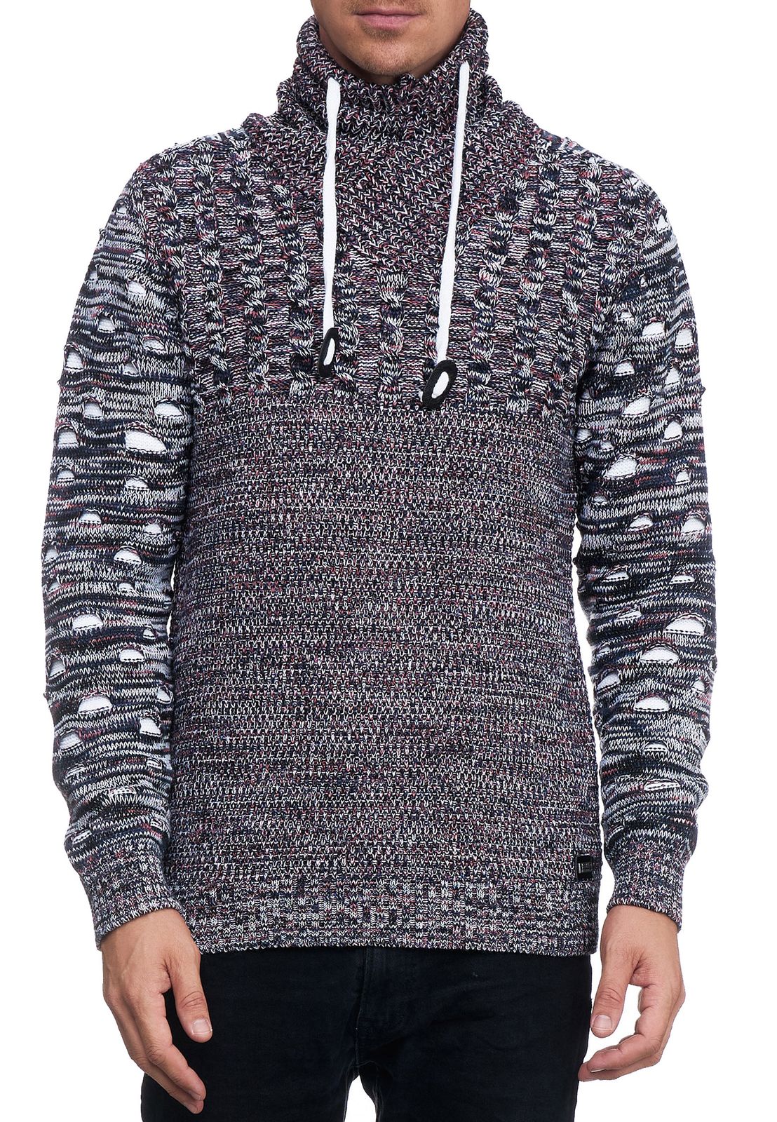 Moderner Herren Strick-Pullover mit Rollkragen und Kontraststrick Struktur-Sweater 13366 Indigo