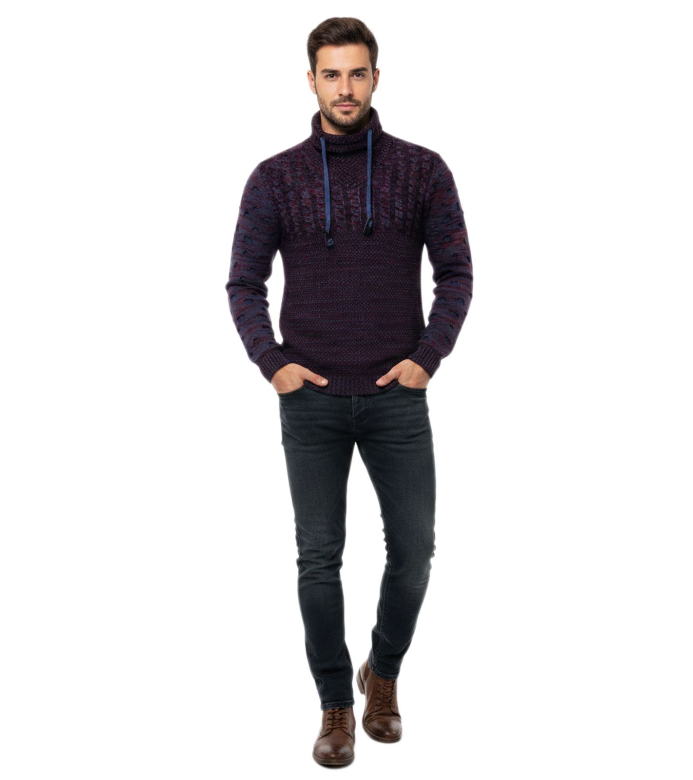 Moderner Herren Strick-Pullover mit Rollkragen und Kontraststrick Struktur-Sweater 13366 Marine