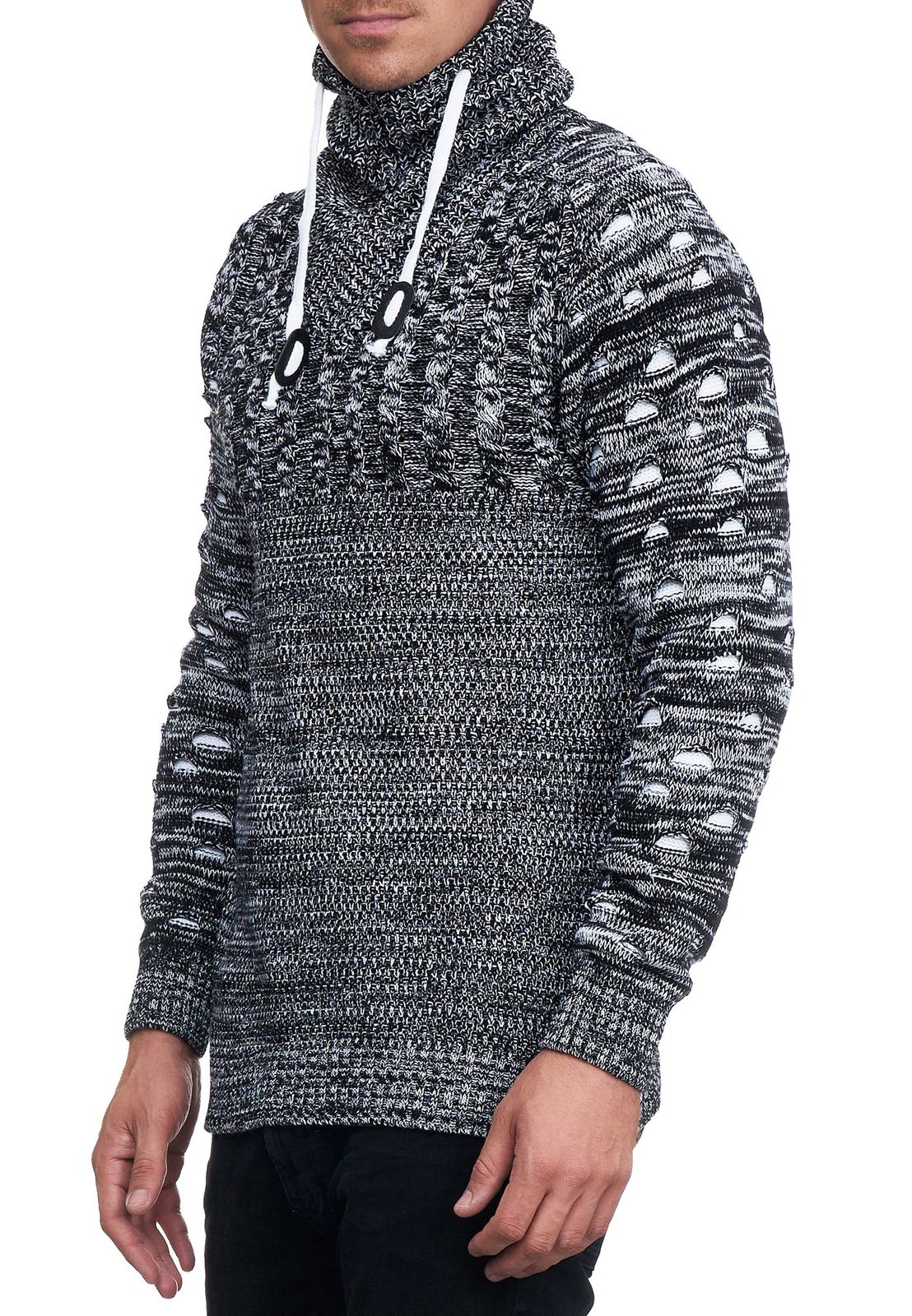 Moderner Herren Strick-Pullover mit Rollkragen und Kontraststrick Struktur-Sweater 13366 Schwarz