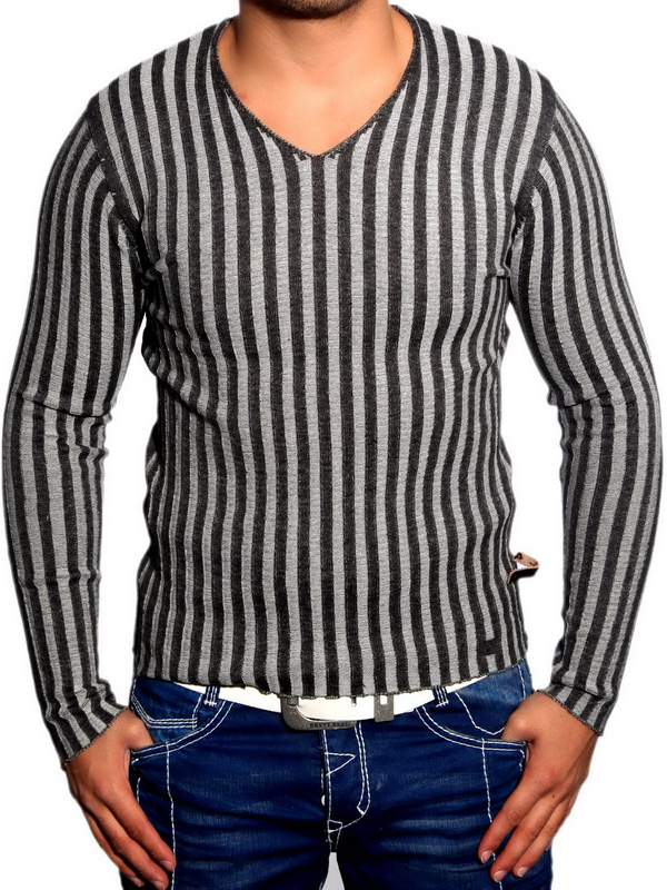 Moderner Herren Strick-Pullover mit Streifenmuster Slim Fit V-Ausschnitt Sweater 3174 Grau