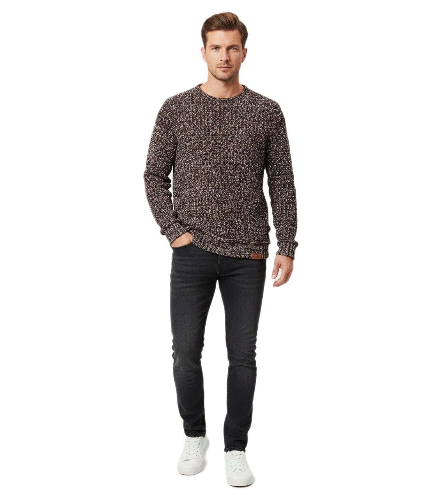 Moderner Herrenpullover aus weichem Feinstrick mit zeitlosem Design und klassischem Rundhals 13246 Braun/Weiß