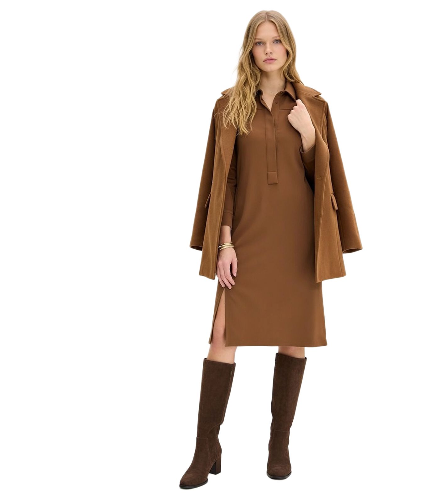 Modernes Damen Midi-Kleid aus bequemem Punto-di-Roma Material mit Polo-Kragen 935304 Braun