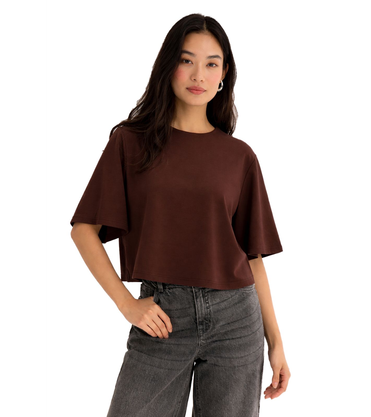 Modernes Damen Oversize T-Shirt aus bequemem Punto-di-Roma Material mit Reißverschluss hinten 966086 Braun