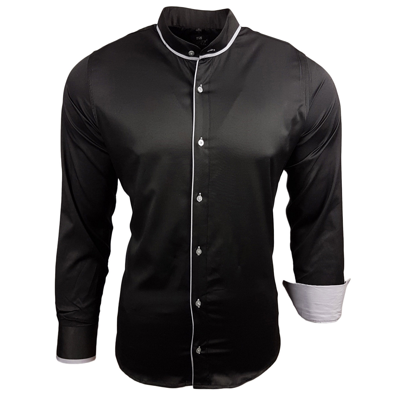 Modernes Langarm-Hemd für Herren Ausgeh-Shirt mit Mao-Kragen Business-Hemd 11014 Schwarz