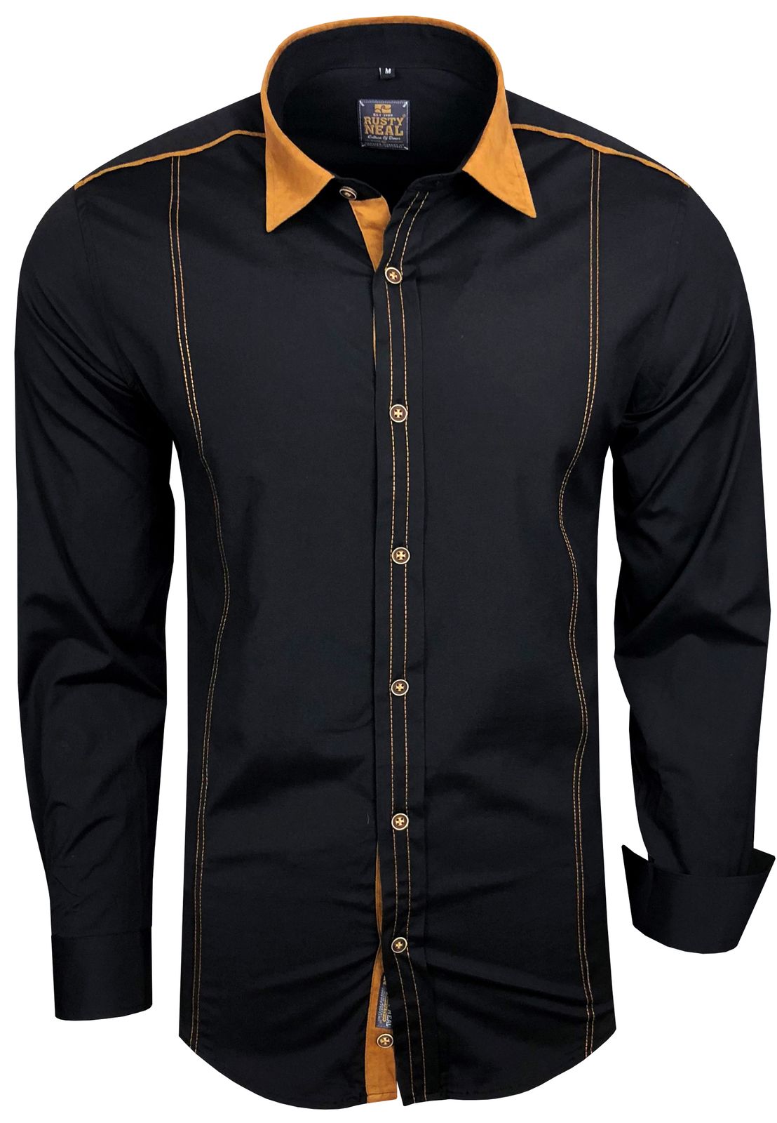 Modernes Langarm-Hemd für Herren mit kontrastfarbigen Nähten Business-Shirt Freizeit-Hemd 76 Schwarz
