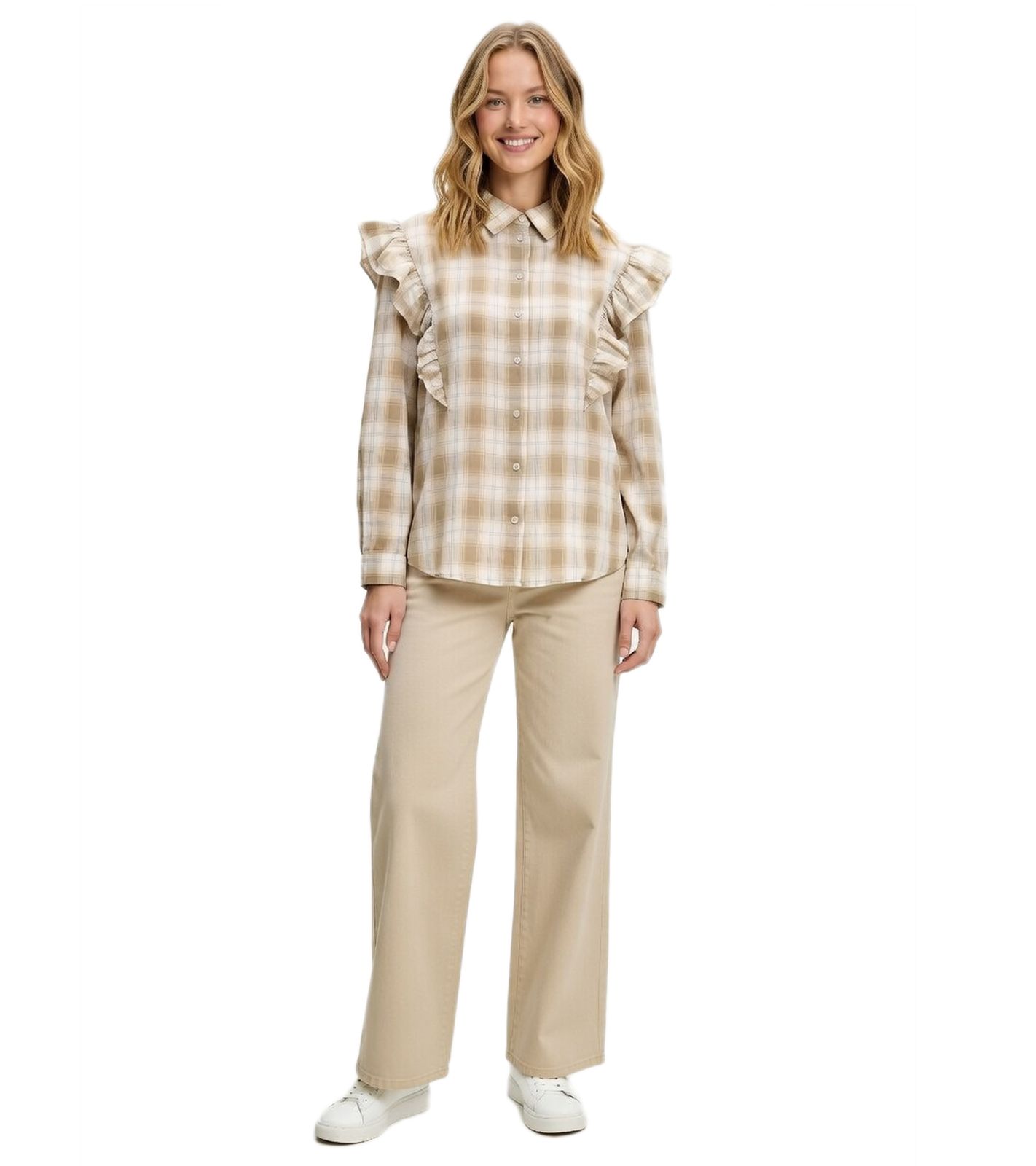 modische Damen Hemd-Bluse karierte Sommer-Bluse mit Volant 976369 Beige/Braun