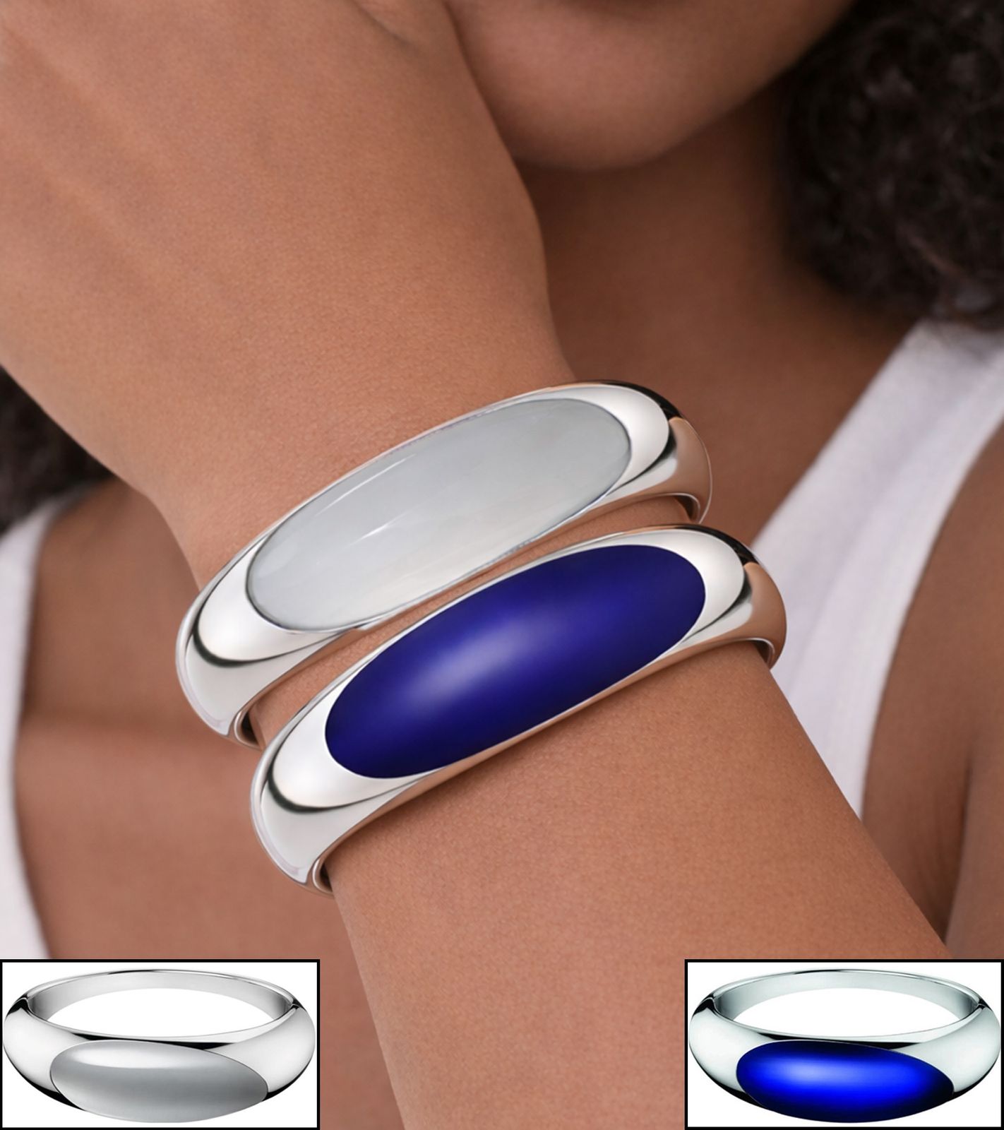 Modischer Calvin Klein Damen Armreif mit oval geformtem Stein Edelstahl-Armband Arm-Schmuck KJ3Q in Silber/Weiß oder Silber/Blau