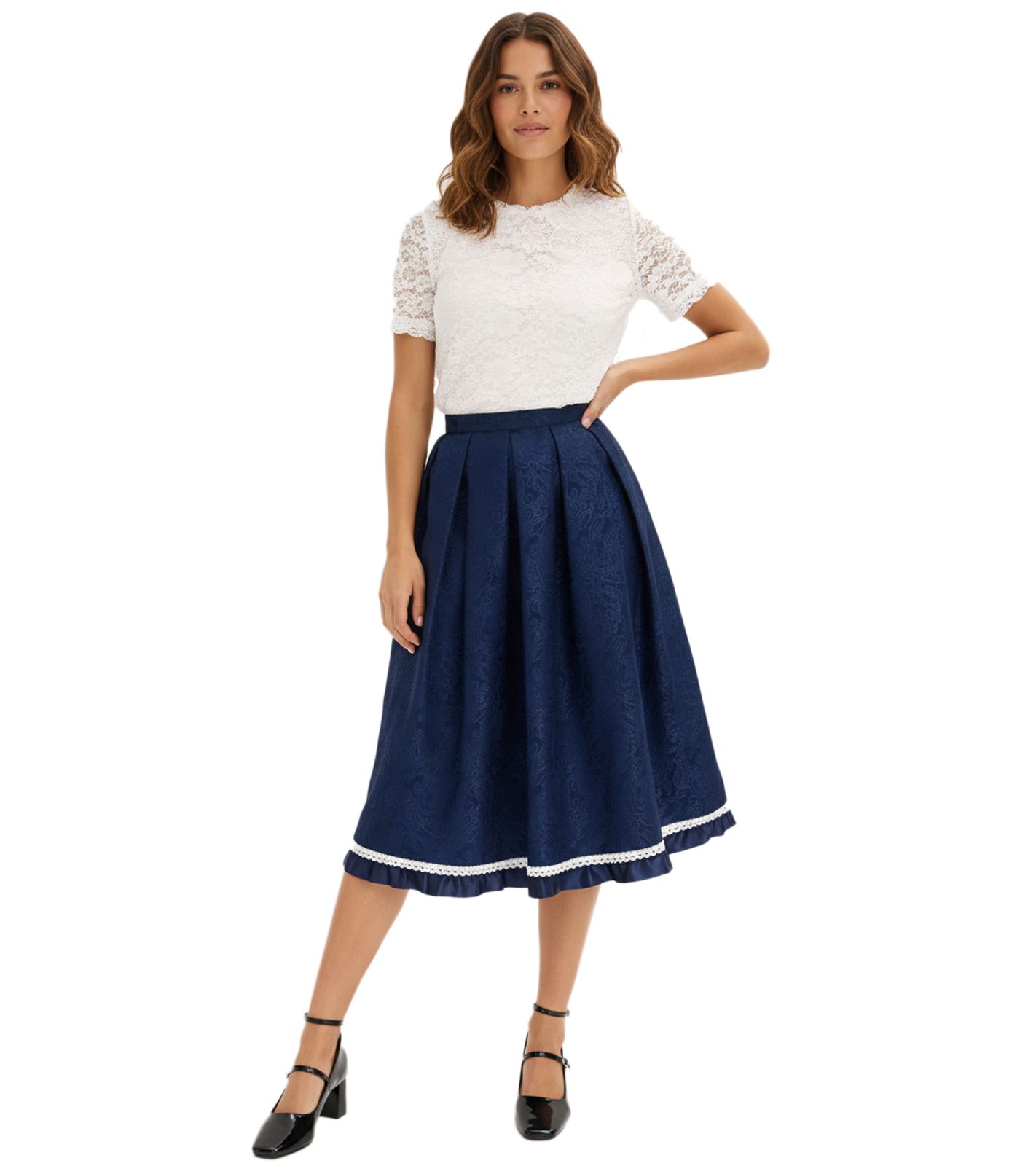 modischer Damen Dirndl-Rock Trachten-Rock mit Paisley und Spitze 905168 Dunkelblau