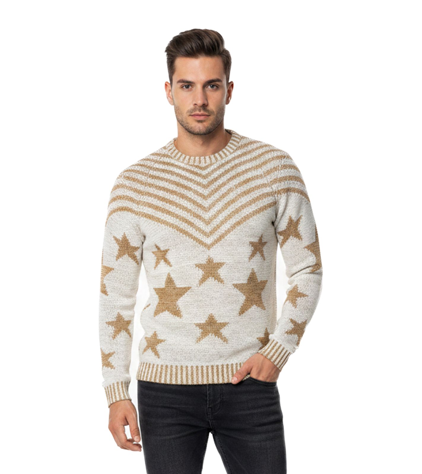 Modischer Herren Rundhals-Pullover im "USA Stars & Stripes"-Design Strick-Sweater 6263 Beige
