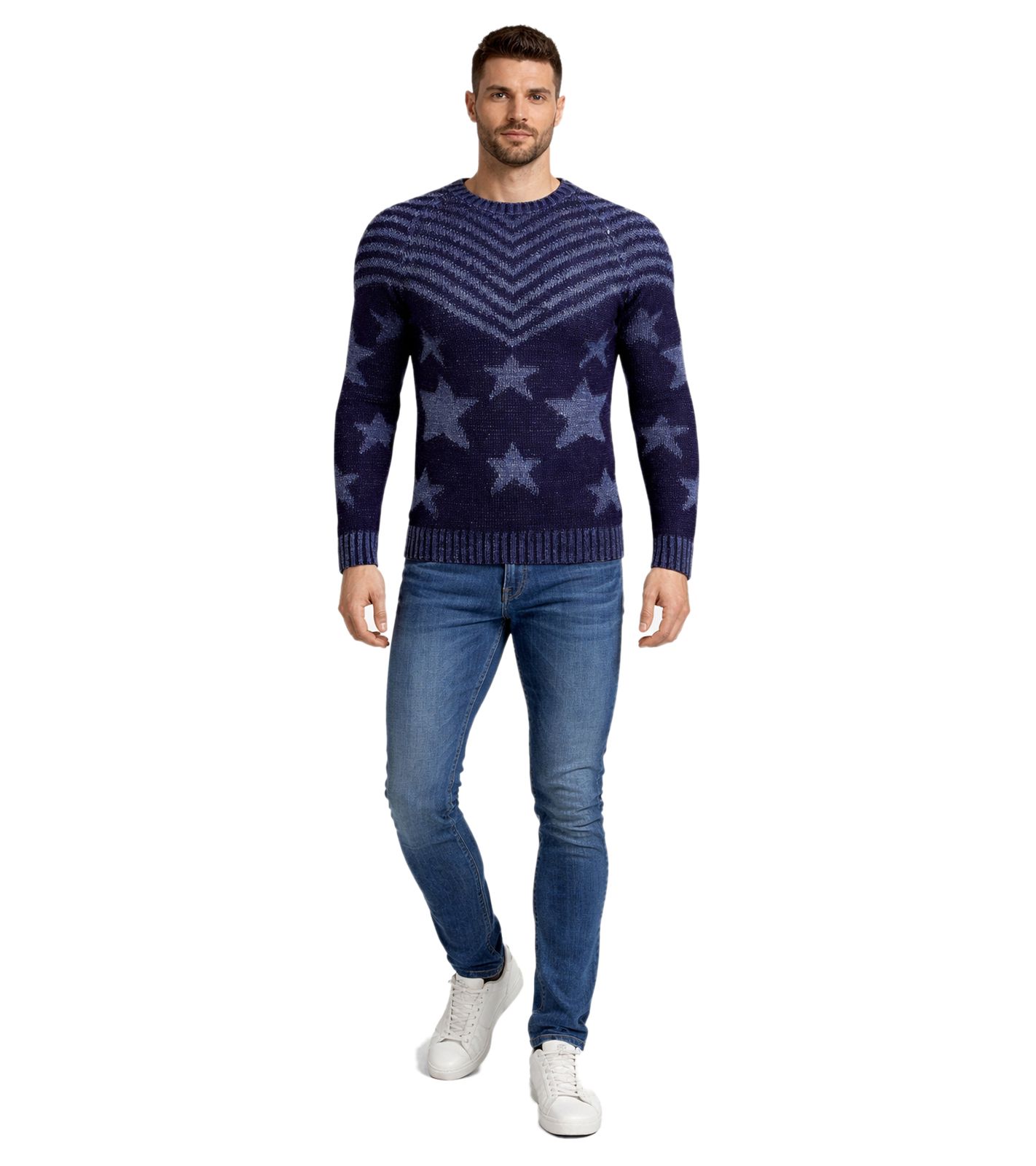 Modischer Herren Rundhals-Pullover im "USA Stars & Stripes"-Design Strick-Sweater 6263 Blau