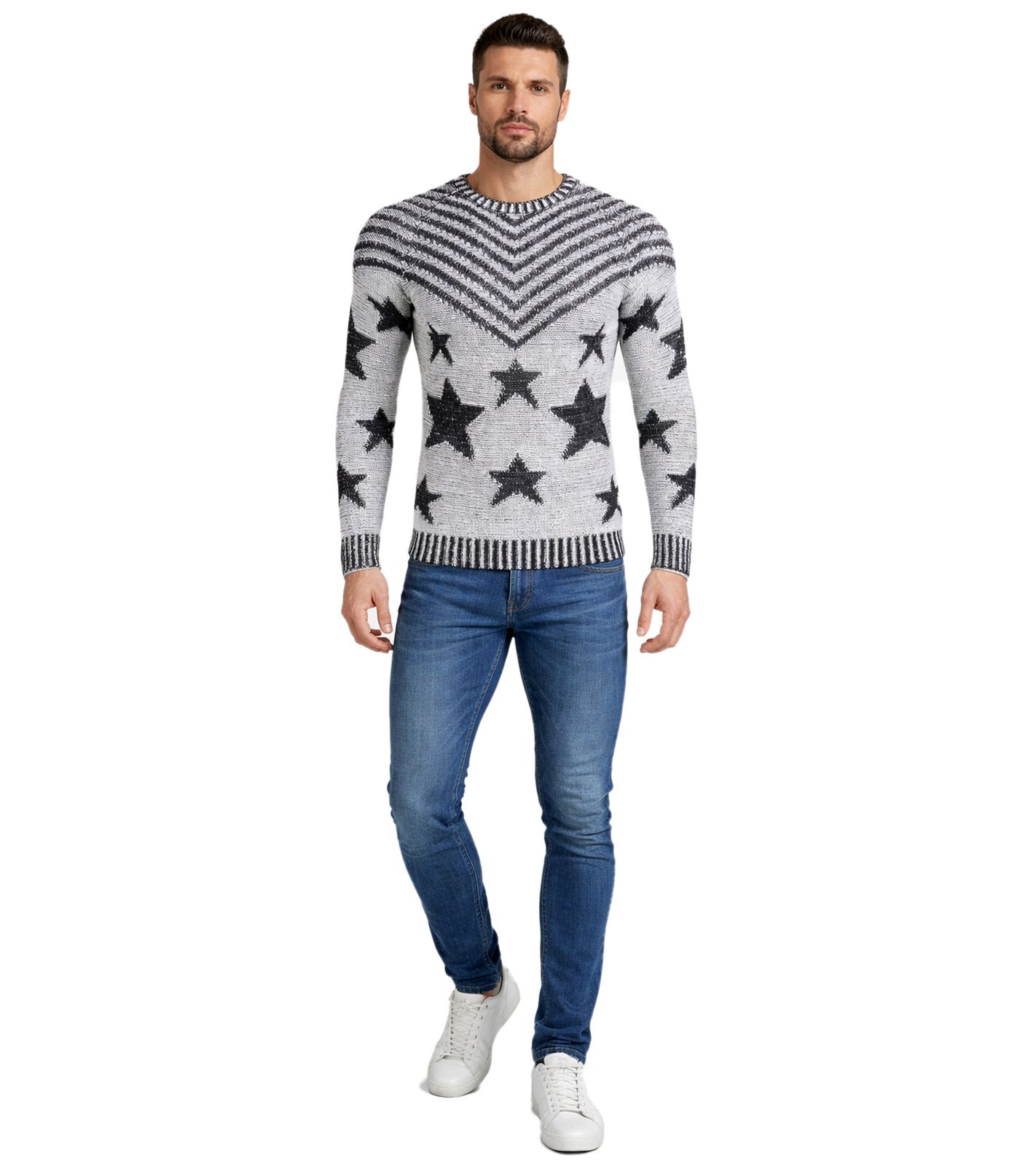 Modischer Herren Rundhals-Pullover im "USA Stars & Stripes"-Design Strick-Sweater 6263 Grau