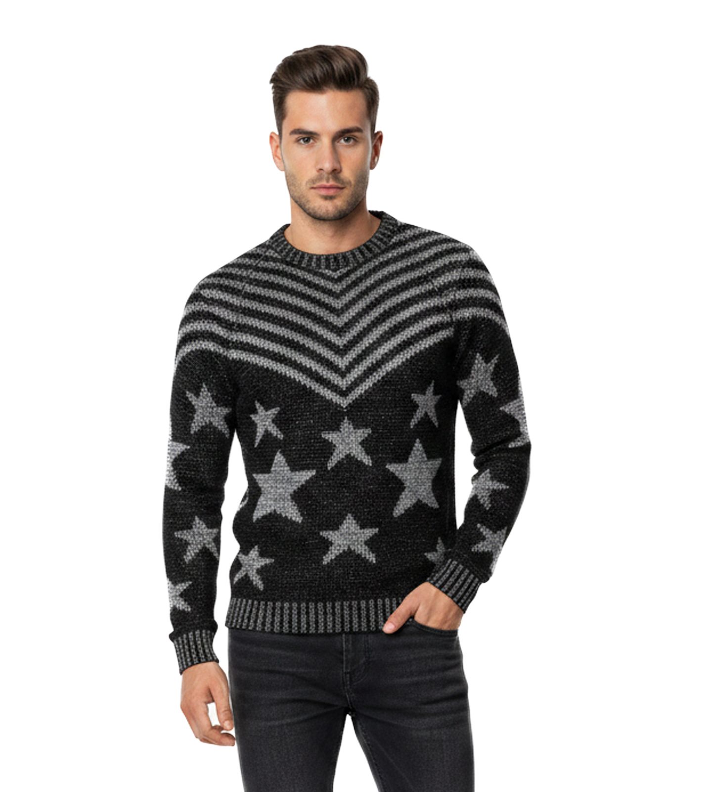 Modischer Herren Rundhals-Pullover im "USA Stars & Stripes"-Design Strick-Sweater 6263 Schwarz