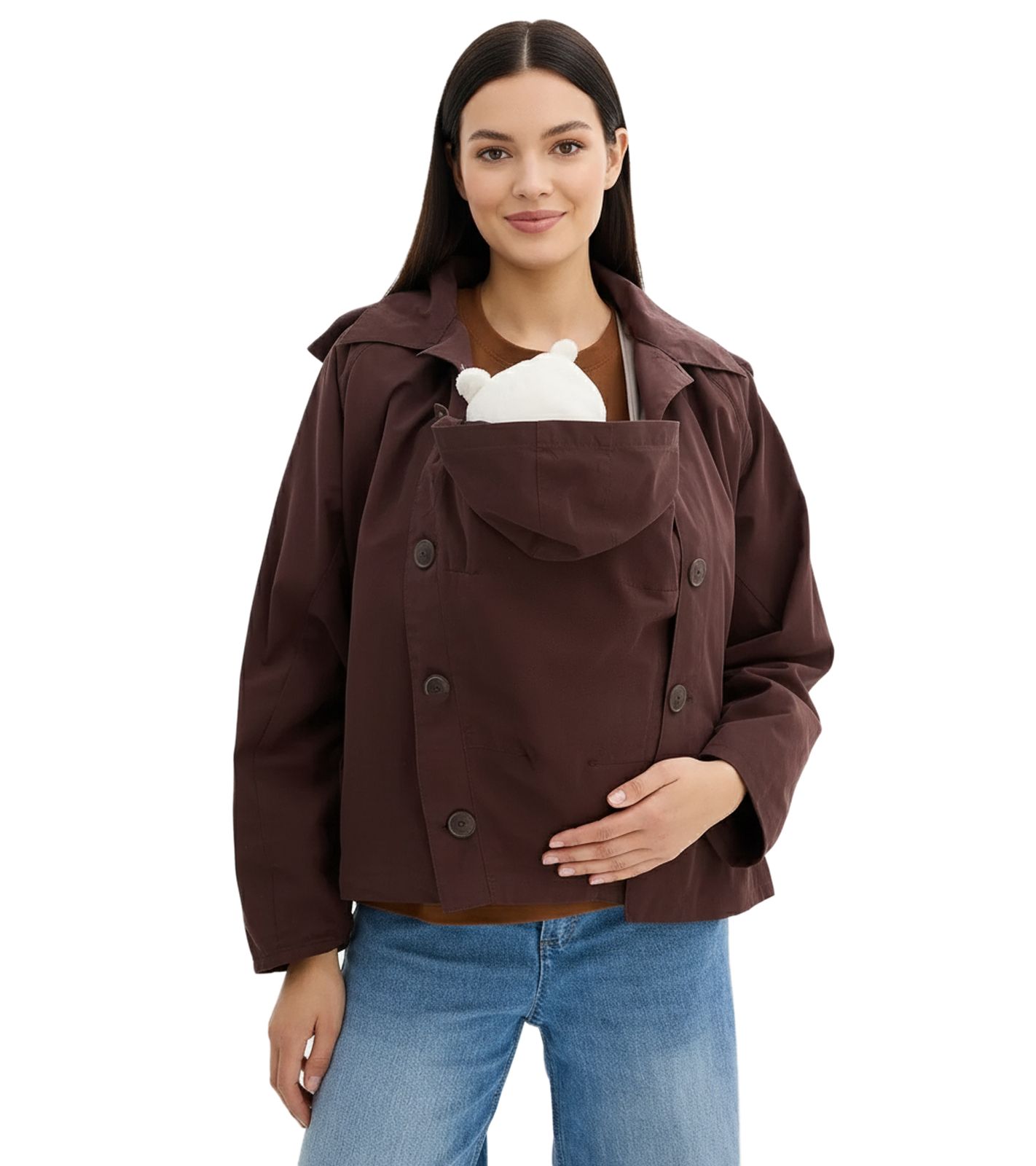 modisches Damen Cape 3-in1 Umstands-Cape mit Trageeinsatz Schwangerschafts-Jacke mit Baumwolle 931239 Braun