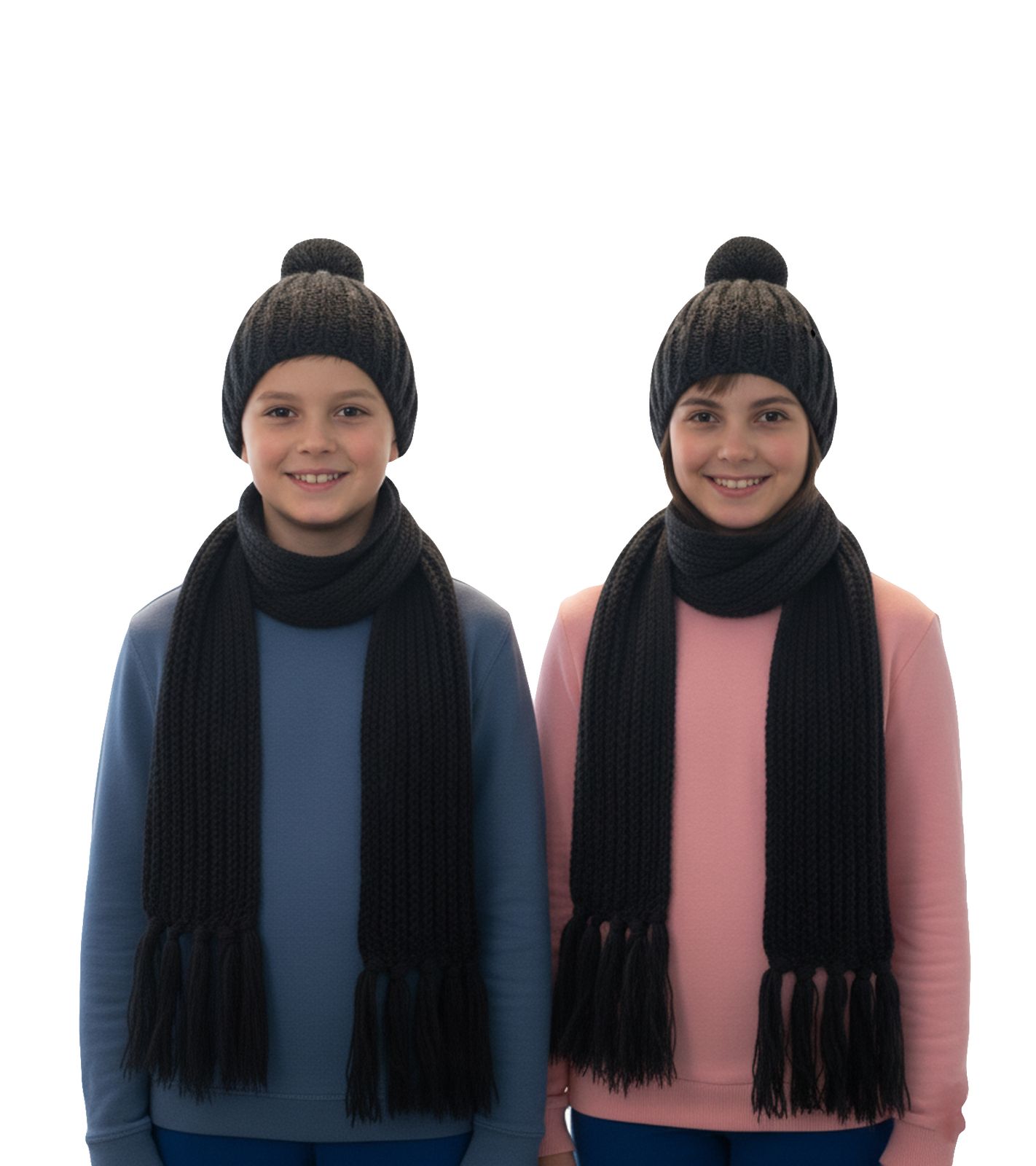 Mütze und Schal langer Strick-Schal für Kinder mit Bommelmütze SF157827PLB Grau