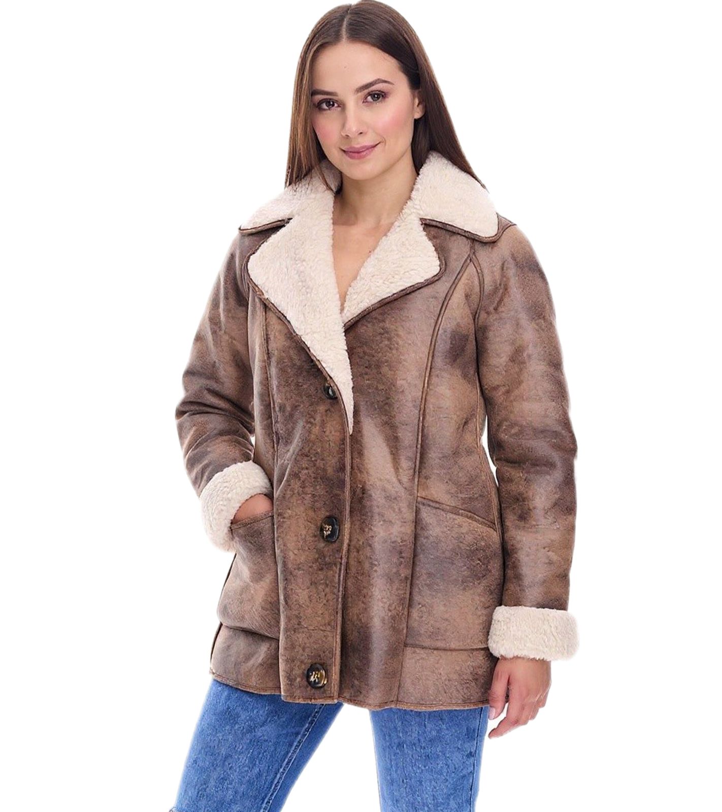 nachhaltige Damen Lederimitat-Jacke mit Kunstlammfell-Kragen Oversized-Jacke Große Größen 970065 Braun