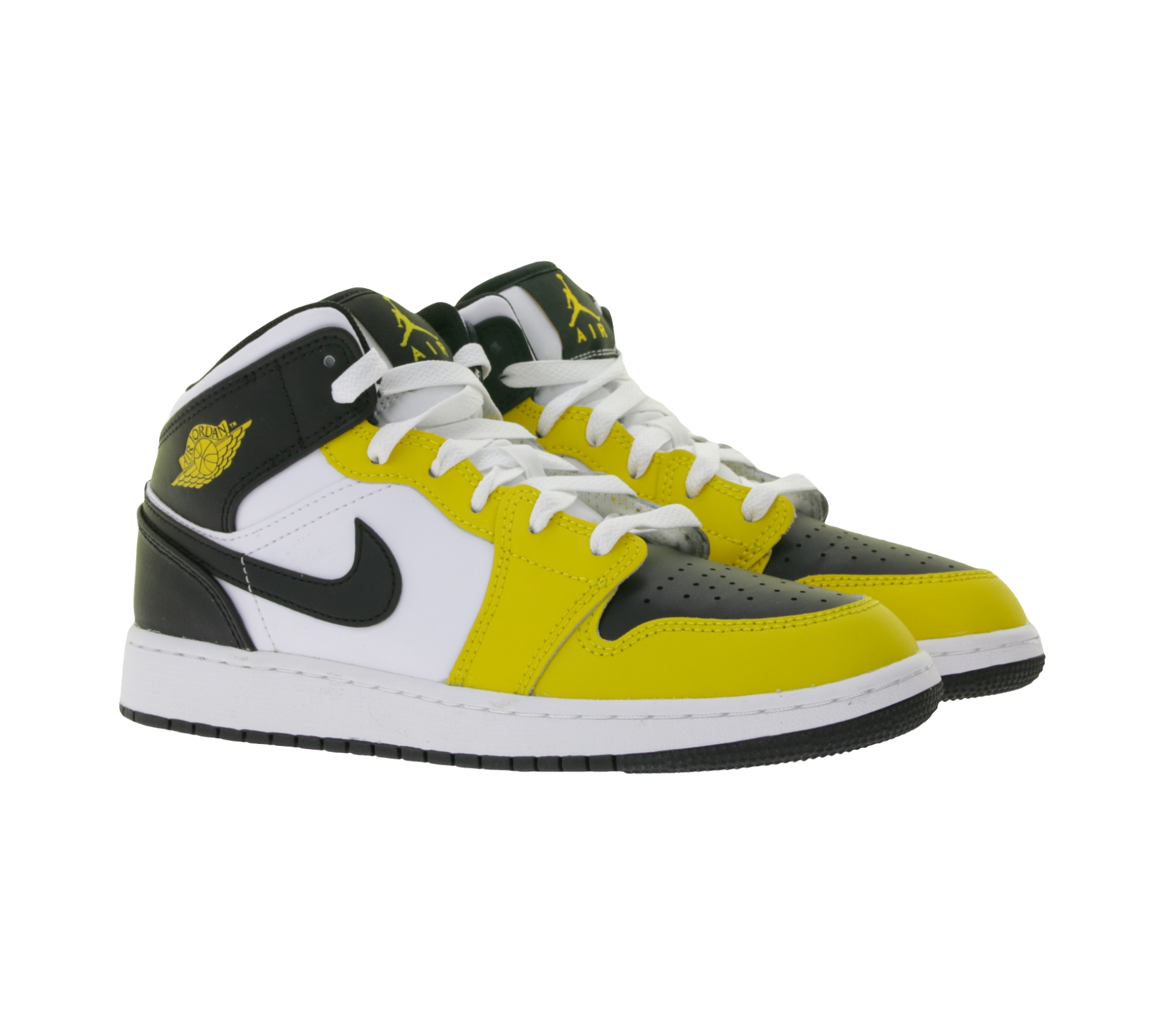 NIKE Air Jordan 1 Mid Kinder Sneaker Mädchen und Jungen Echtleder Turnschuhe Mid-Top Sneaker DQ8423-701 Gelb/Weiß/Schwarz