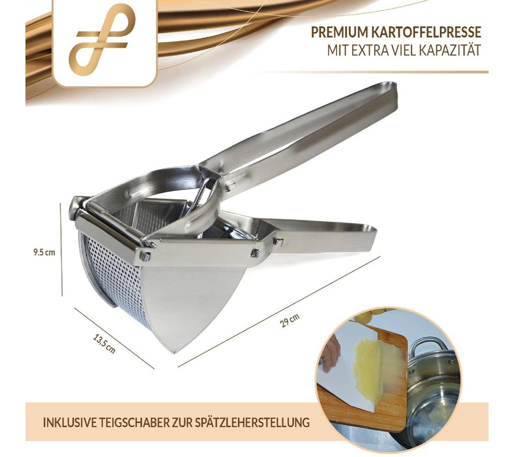 nützliche FALIGEE Kartoffelpresse Spätzlepresse aus Edelstahl inkl. Teigschaber 29x13,5cm Silber