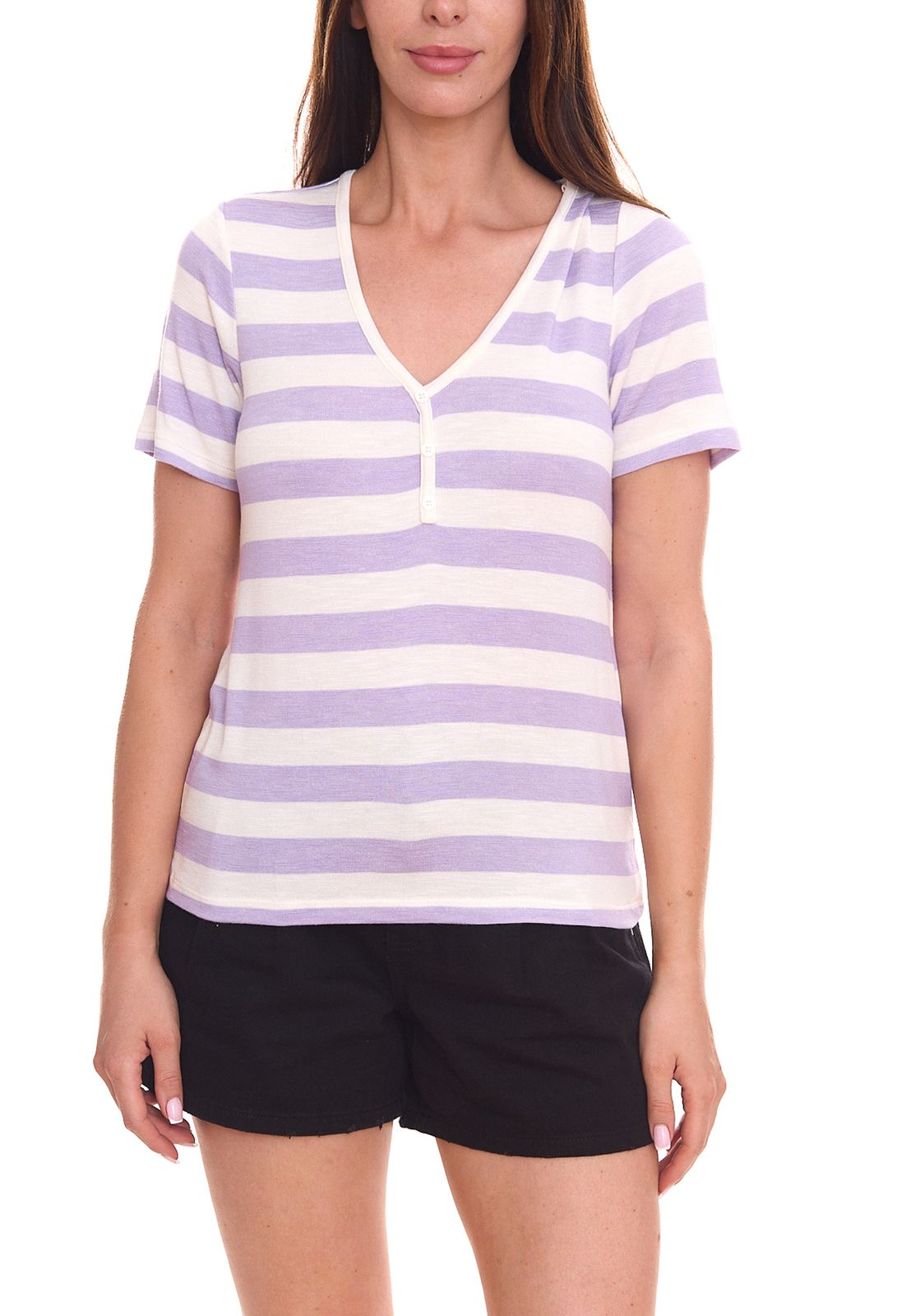 ONLY ONLLIRA Damen Sommer-Top im Streifen-Look Kurzarm-Shirt 11199120 Violett/Weiß