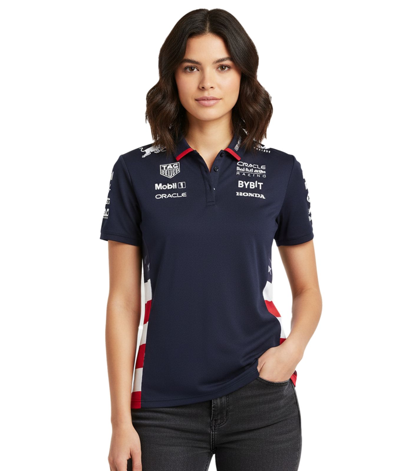 Oracle Red Bull Racing 2024 Formel 1 F1 Team-Polo US-Edition Damen Polo-Shirt mit Sponsorenlogos Sport-Shirt 701231029 001 Navy