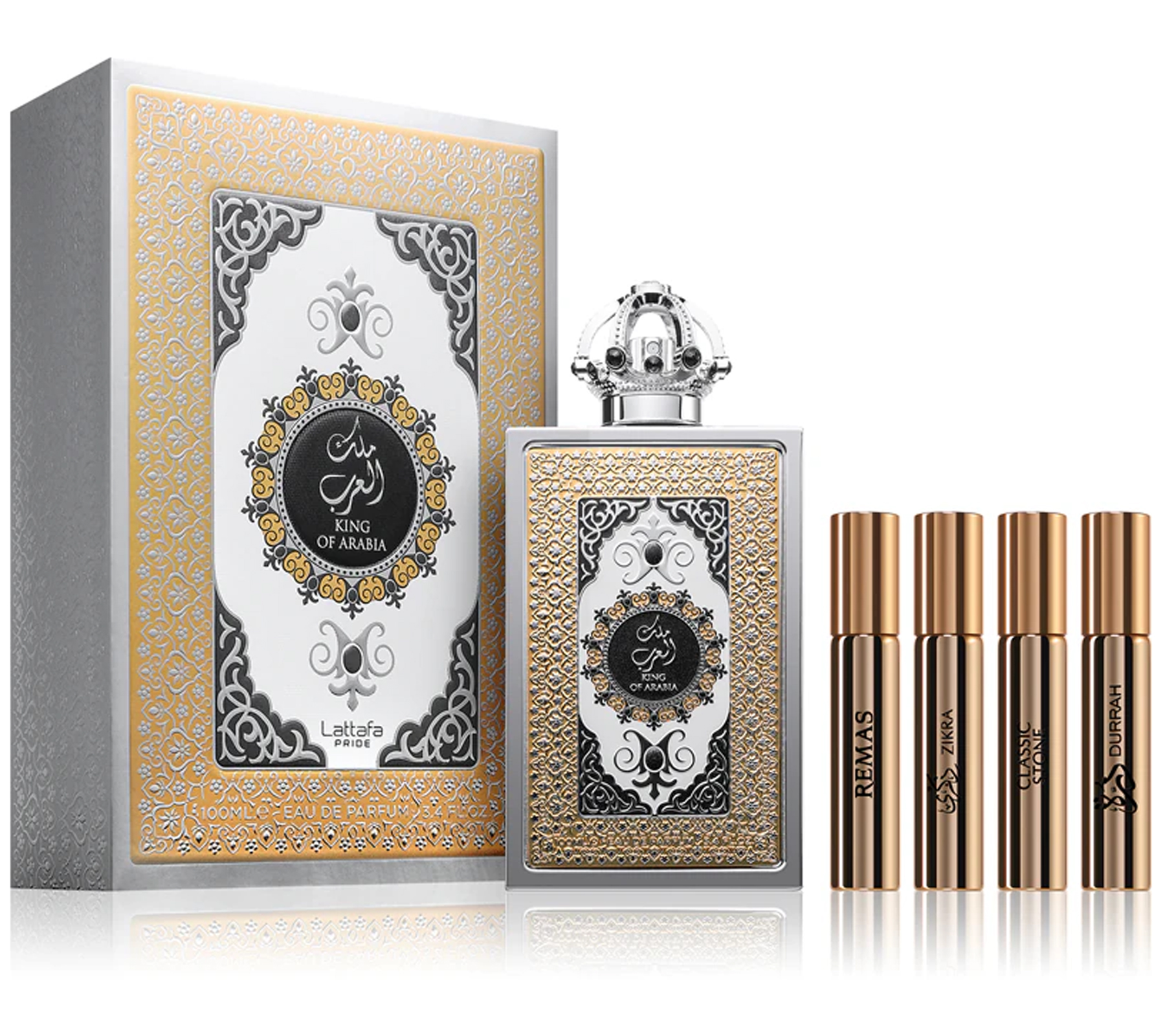 Orientalisch-ledriges Lattafa King of Arabia Eau de Parfum 100 ml Unisex im wunderschön gestalteten Flakon mit 4 zusätzlichen Duftproben Silber & Gold