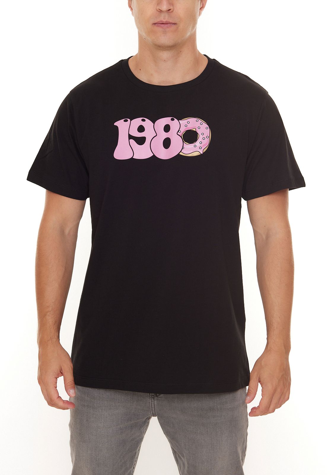 PASH 1980 Tee Herren Kurzarm-Shirt mit großem 1980er Print Baumwoll-T-Shirt PATR004 Schwarz