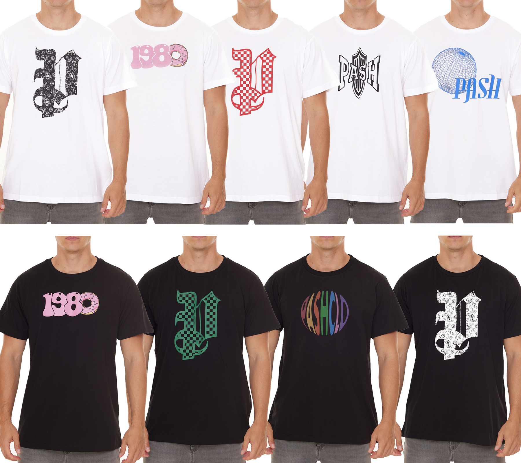 PASH Herren Kurzarm-Shirt mit verschiedenen großem Frontprints Baumwoll-T-Shirt PATR00 Schwarz/Weiß