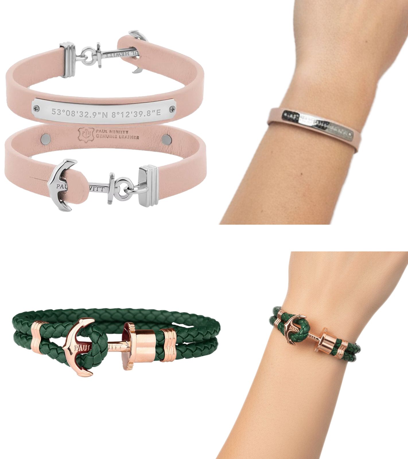 Paul Hewitt Damen Armband mit Anker-Verschluss Echtleder-Armreif Arm-Schmuck Edelstahl-Armband in Grün oder Beige