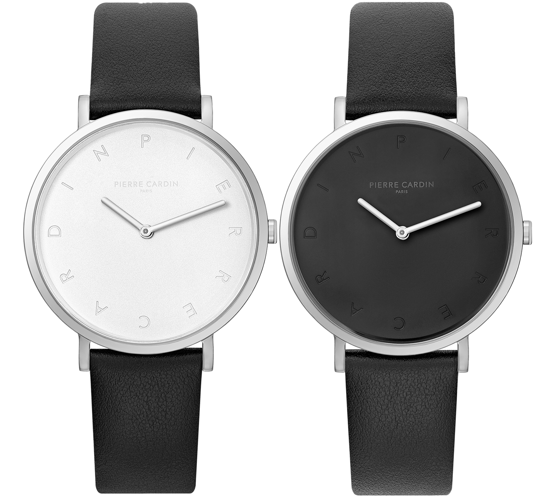 Pierre Cardin Damen Armband-Uhr mit Buchstaben der Marke als Ziffern analoge Quarz-Uhr mit Leder-Armband 3ATM 39mm CBV.100 Schwarz/Silber mit schwarzem oder weißem Zifferblatt