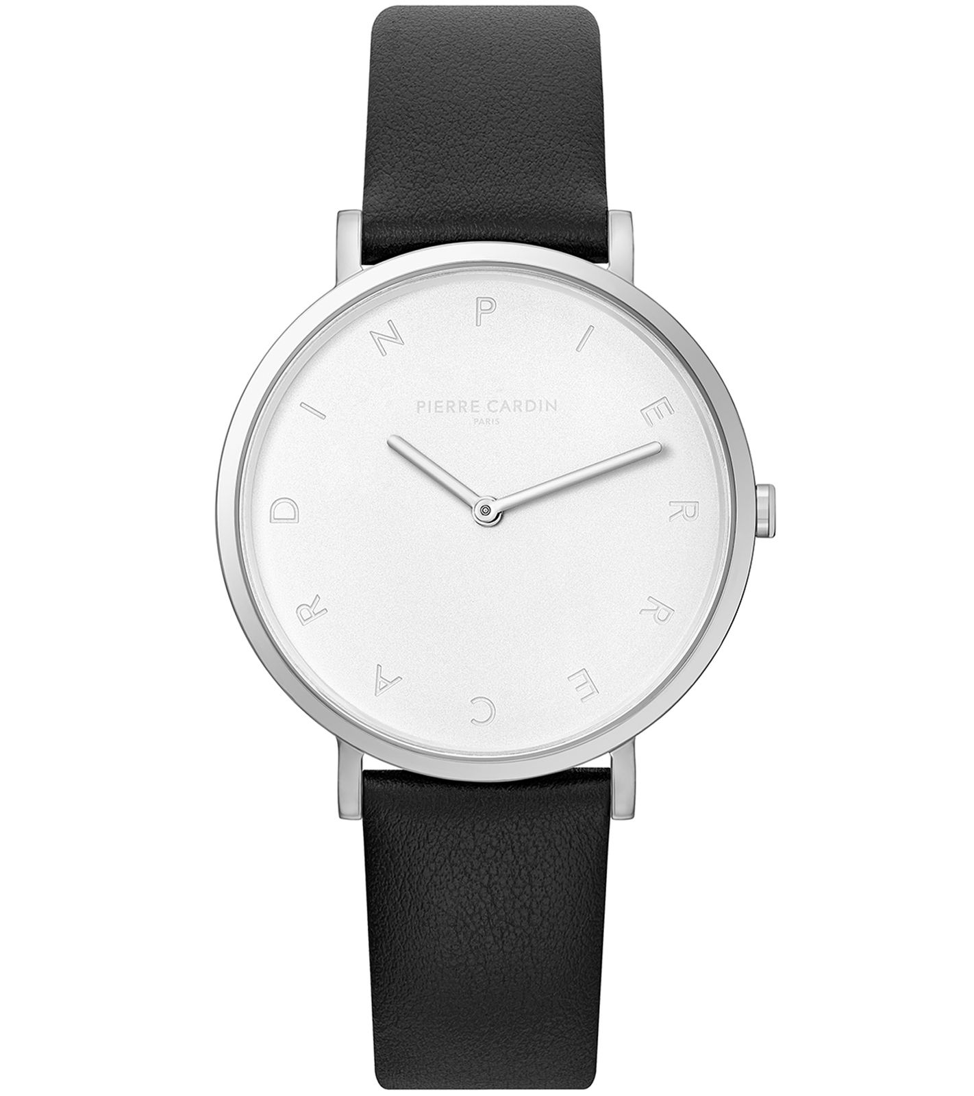 Pierre Cardin Damen Armband-Uhr mit Buchstaben der Marke als Ziffern analoge Quarz-Uhr mit Leder-Armband 3ATM 39mm CBV.1001 Schwarz/Silber/Weiß