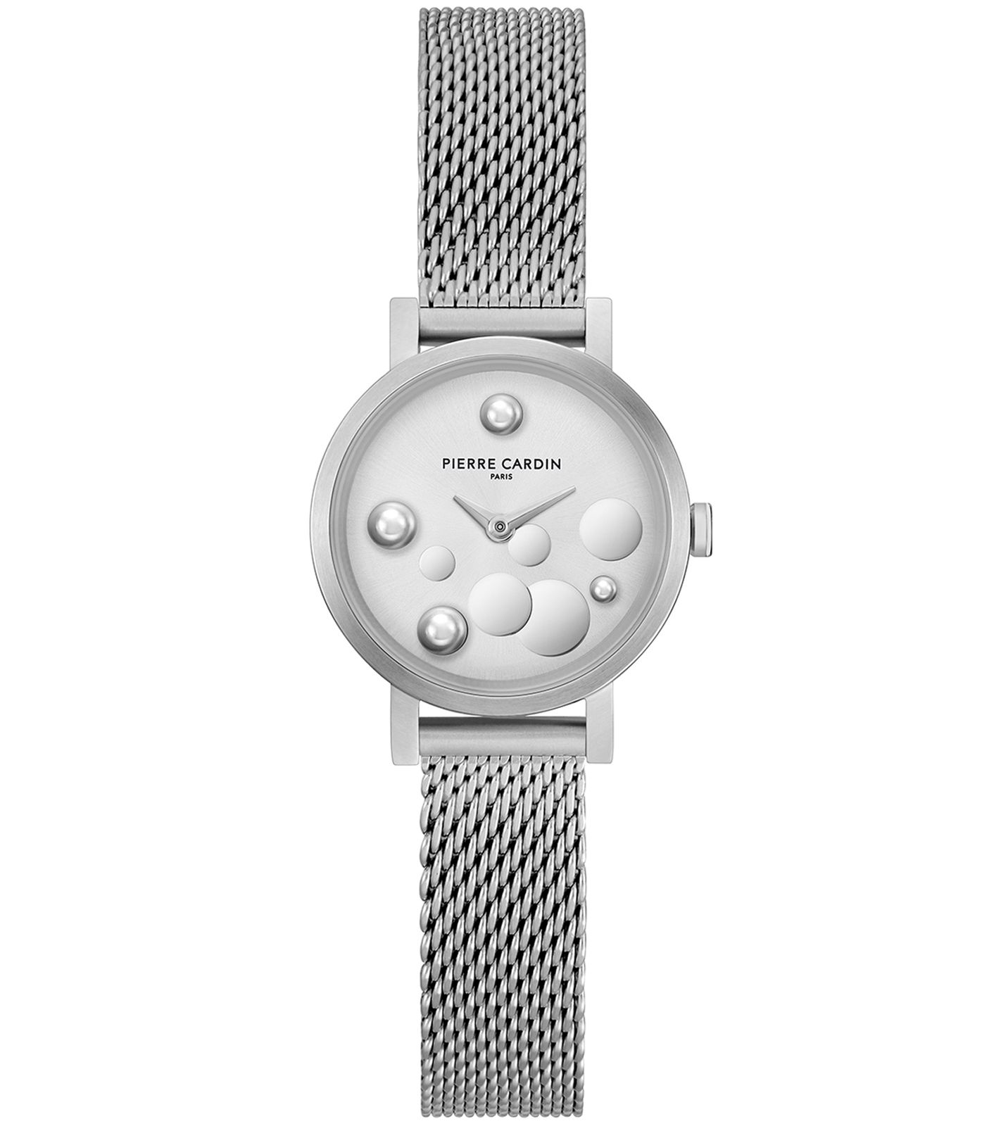 Pierre Cardin Damen Armband-Uhr Ziffernblatt mit silbernen Kreis-Details analoge Quarz-Uhr mit Edelstahl-Armband 3ATM 28mm CCM.0503 Silber