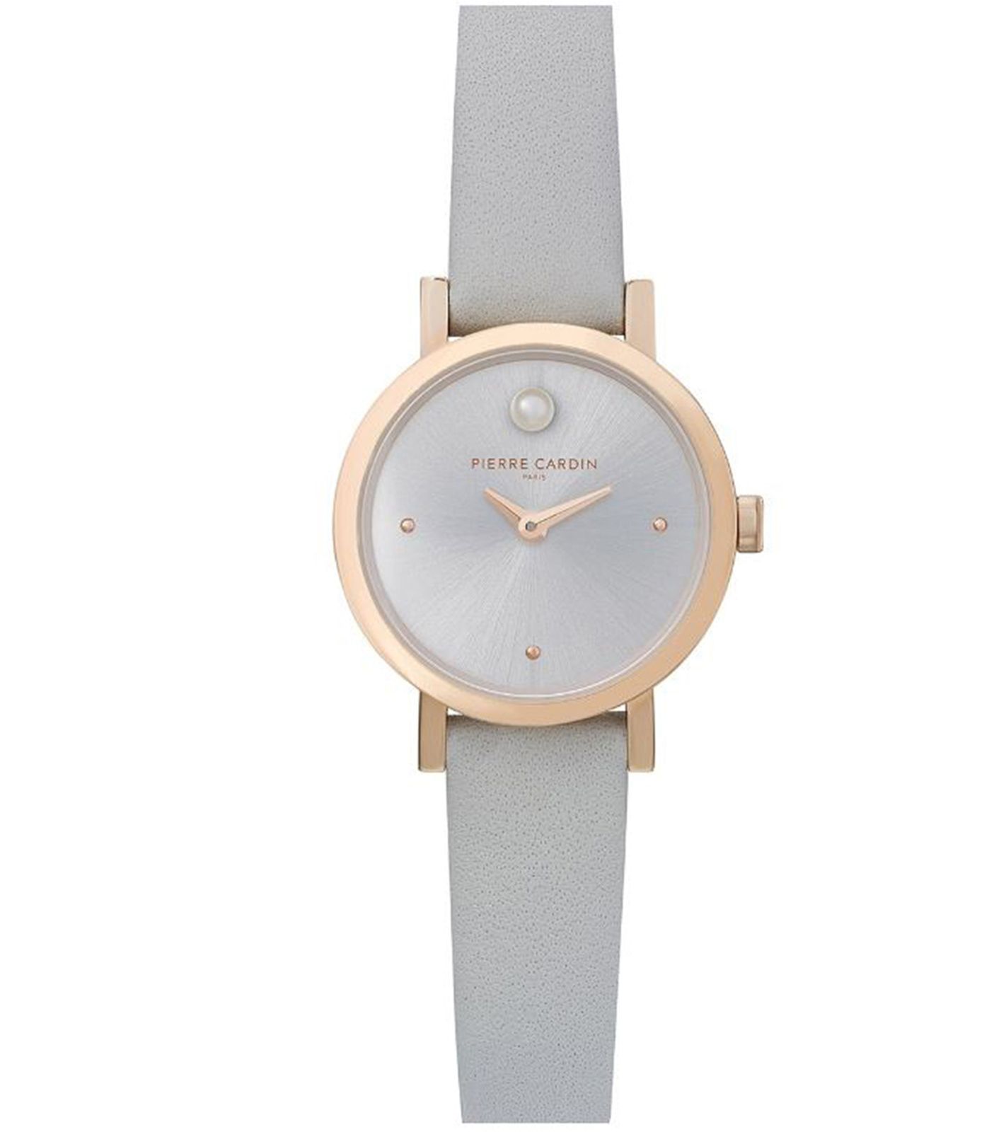 Pierre Cardin Damen Zweizeiger-Armband-Uhr Ziffernblatt mit silbernen Kreis-Details analoge Quarz-Uhr mit Leder-Armband 3ATM 27mm CCM.0506 Grau/Rose-Gold