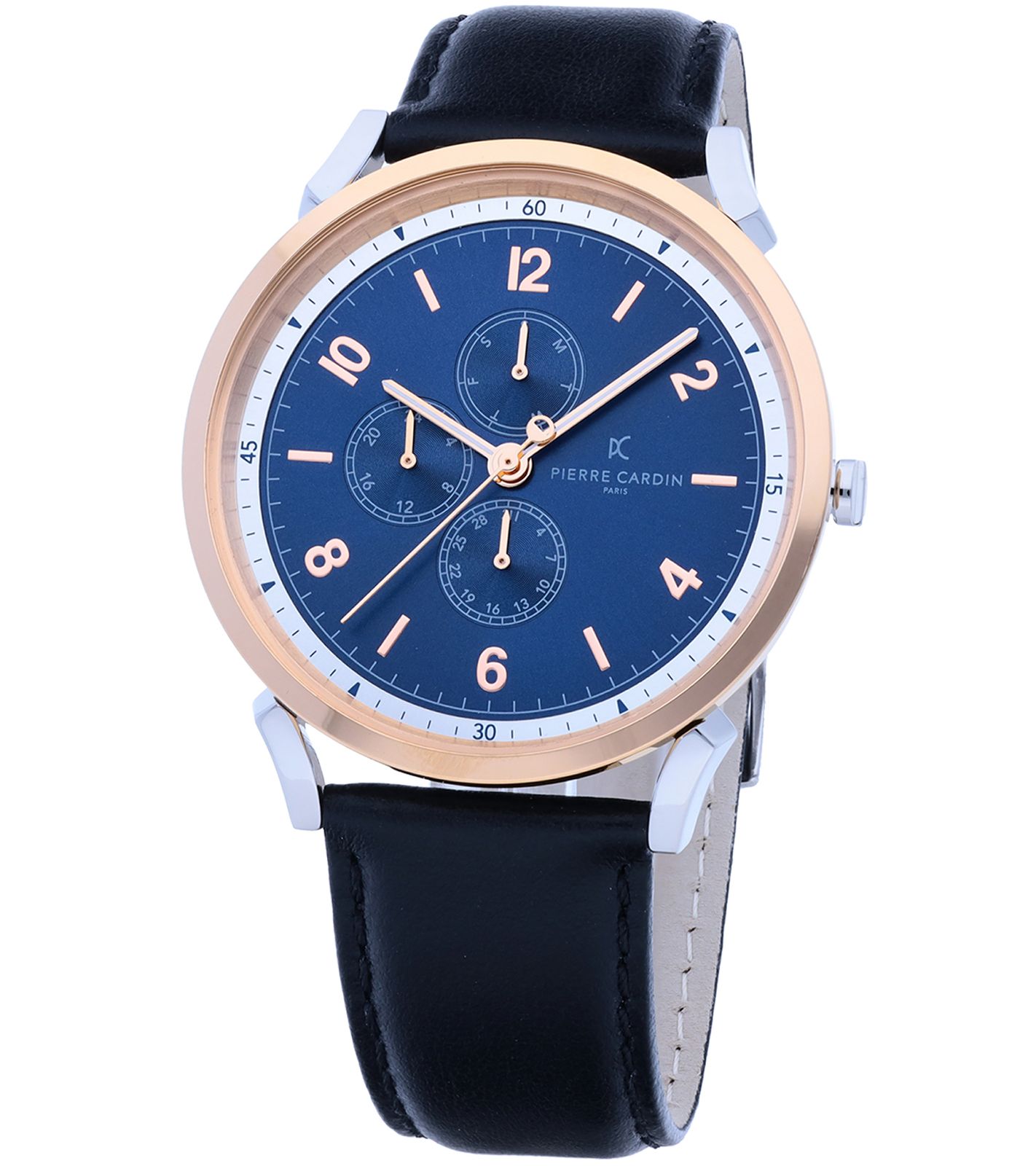 Pierre Cardin Herren Armband-Uhr mit farblichem Multi-Ziffernblatt analoge Quarz-Uhr mit Leder-Armband 3ATM 44mm CPI.2063 Schwarz/Silber/Blau/Rosegold